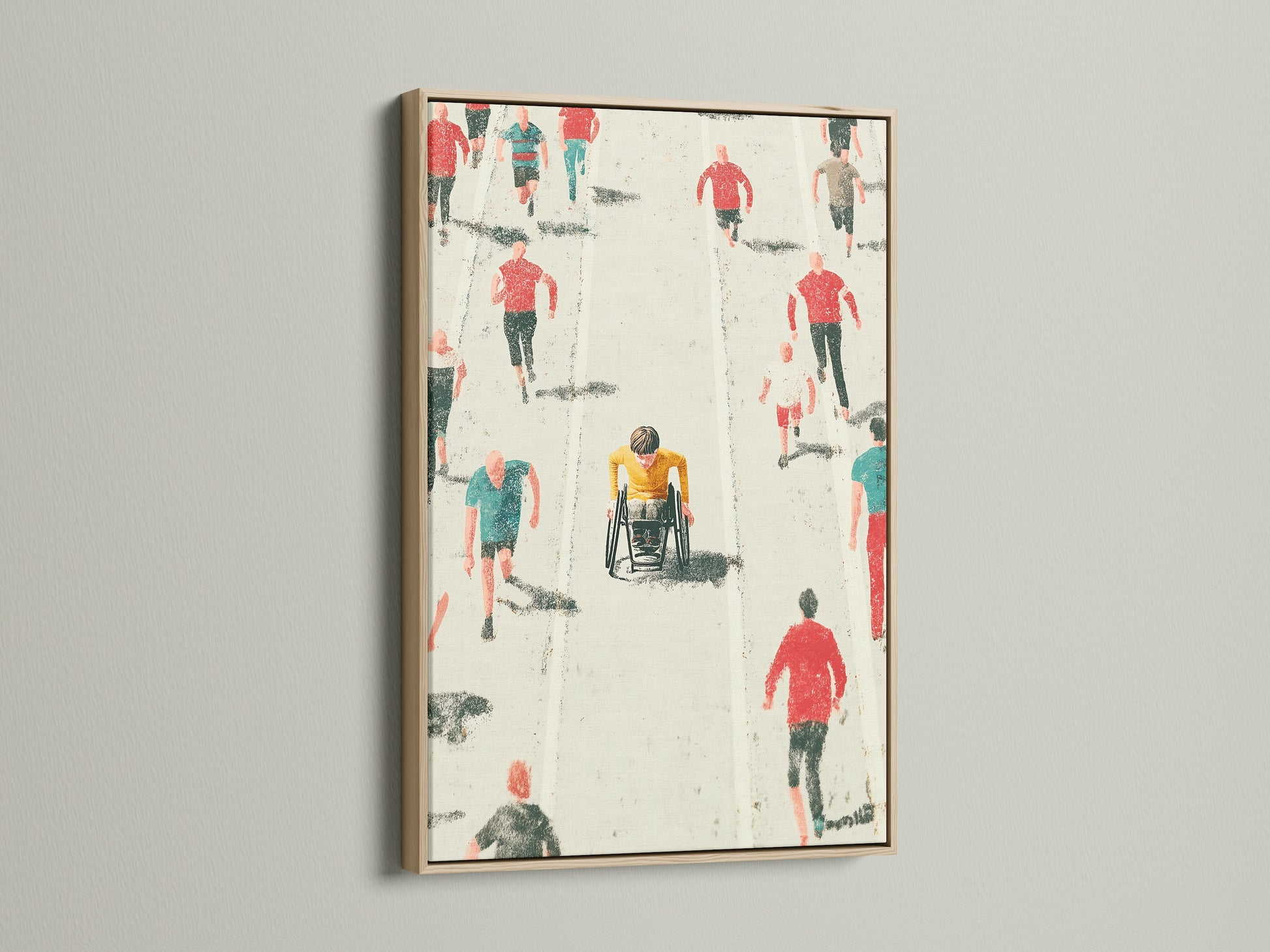 Marathon Runners artwork with an oak frame. The piece depicts a wheelchair racer surrounded by runners. This sports-themed artwork brings a minimalist touch to your decor. It is ideal for adding an inspirational element to a living room or office space. It is perfect for sports enthusiasts.