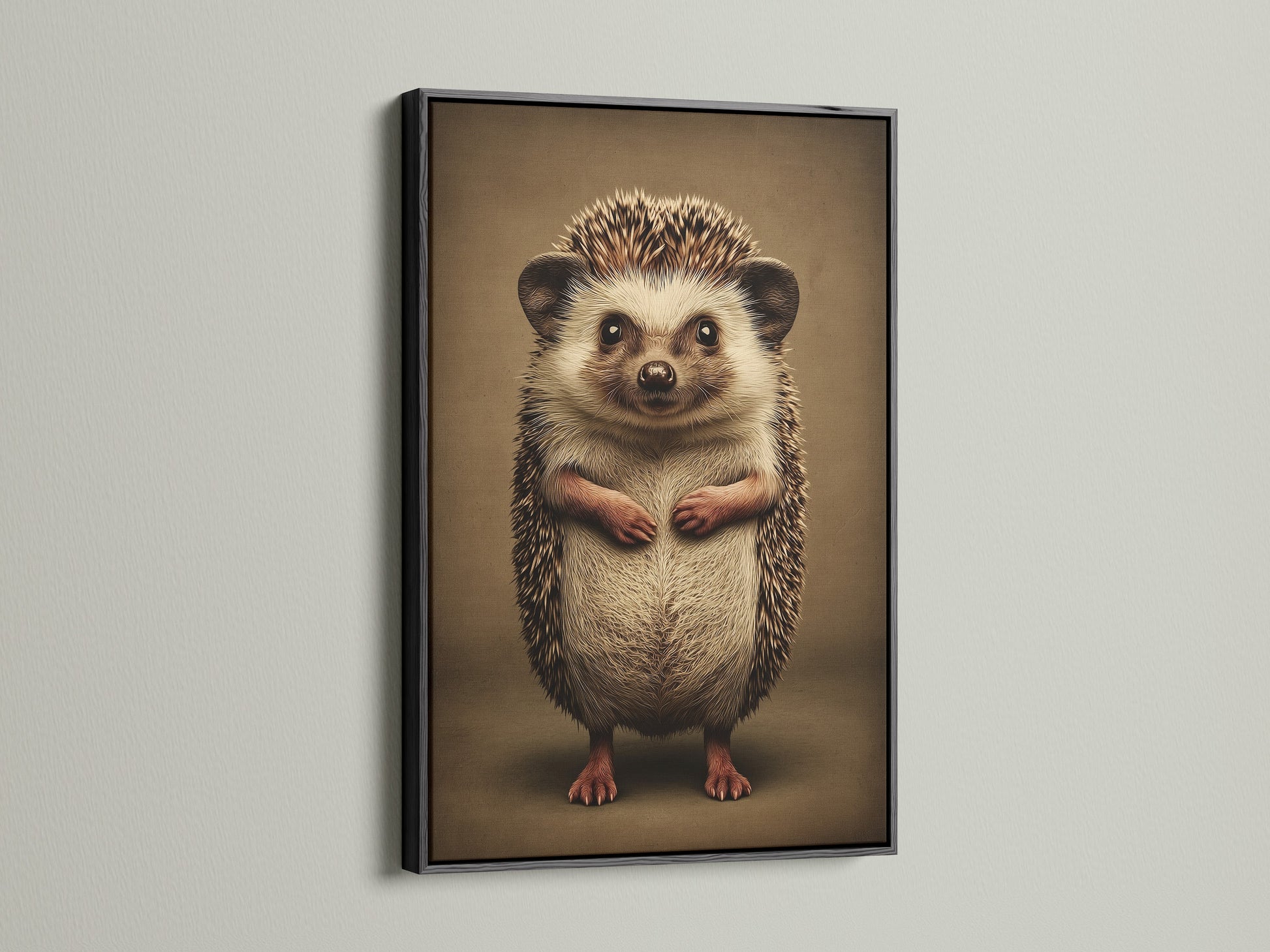 Hedgehog wall art in a black frame. A cute wildlife poster for kids room decor. This animal nursery art will add a unique touch. Ideal for homeowners and interior decorators seeking neutral wall art.
