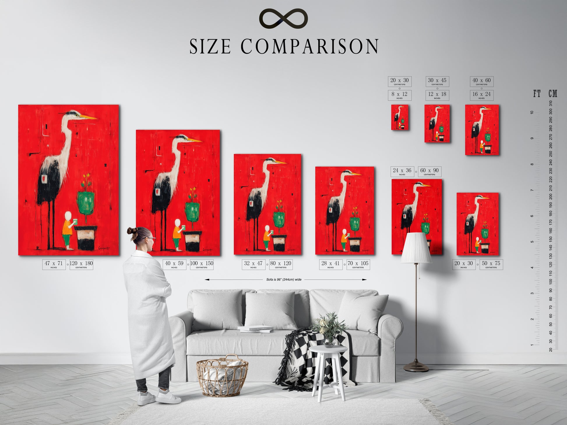 Size comparison chart in an interior setting. This chart displays the Heron Art in various sizes. Visualize how this red abstract wall art will look in your space. Options are available for different room sizes.
