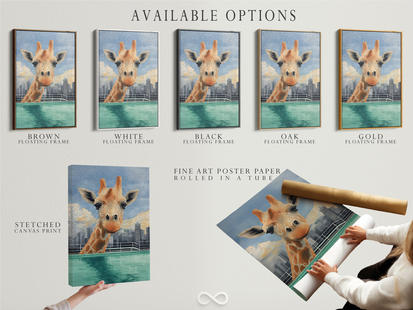 Explore the available options for the giraffe skyline artwork including stretched canvas prints fine art poster paper and floating frames. Customize your piece to perfectly match your style and decor needs.
