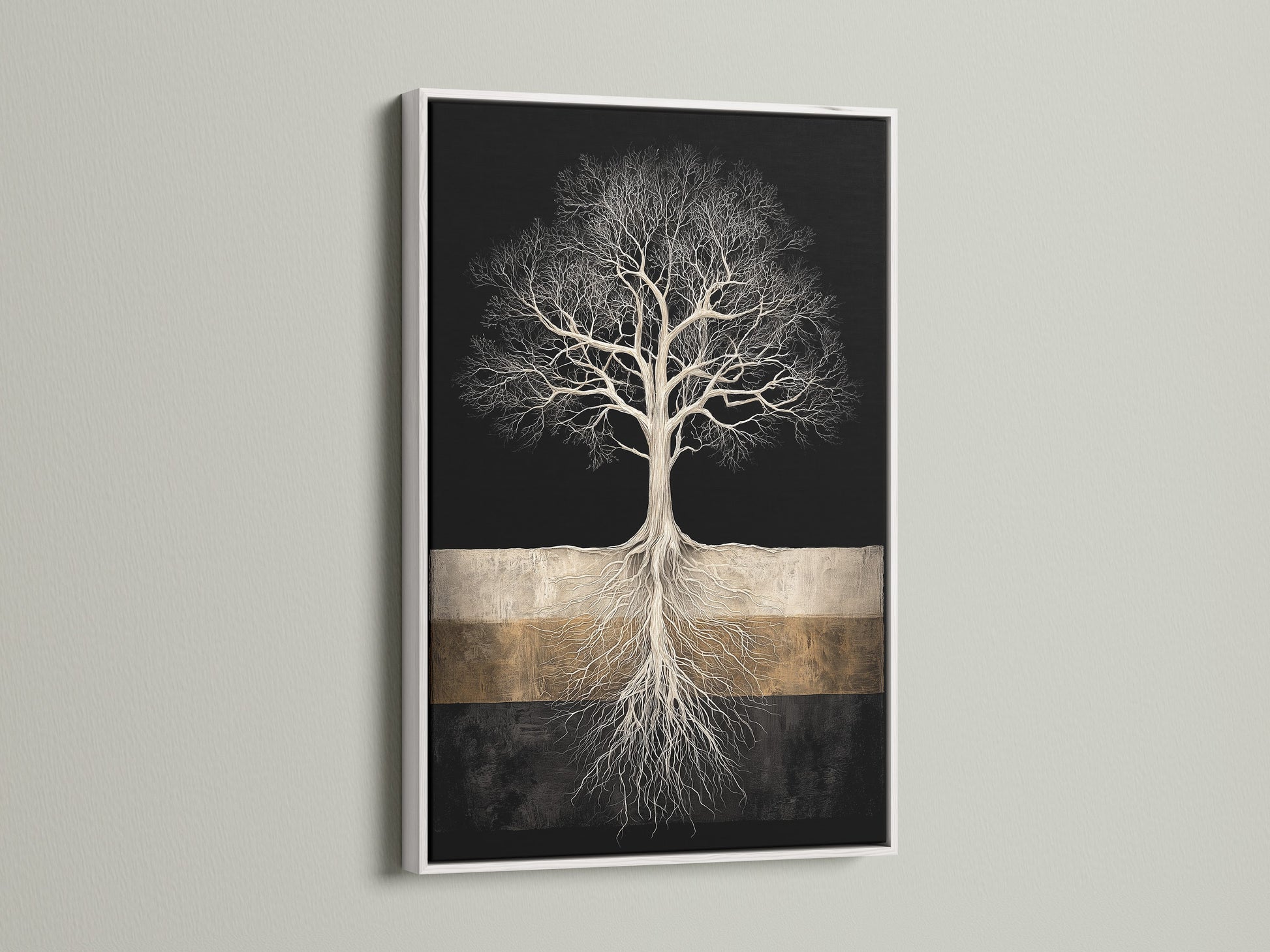 Tree of Life art in a white frame. This black and gold wall art complements minimalist decor. It's a stunning tree canvas art print. Perfect for creating a serene bedroom ambiance. A beautiful botanical print.