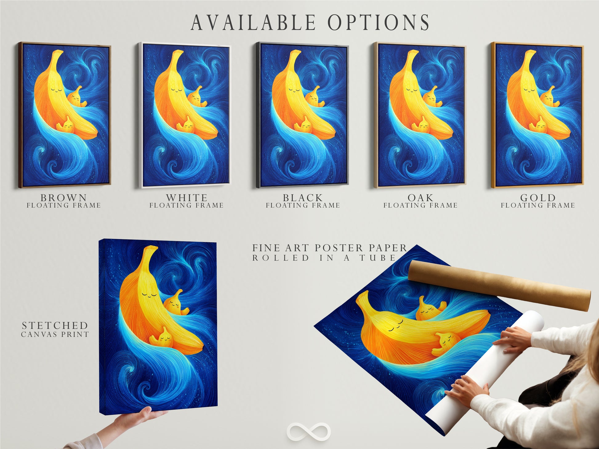 Available options for the Banana Family Canvas artwork print are displayed. Choices include a stretched canvas print a fine art poster paper and a floating frame. It is ideal for nurseries and playrooms.