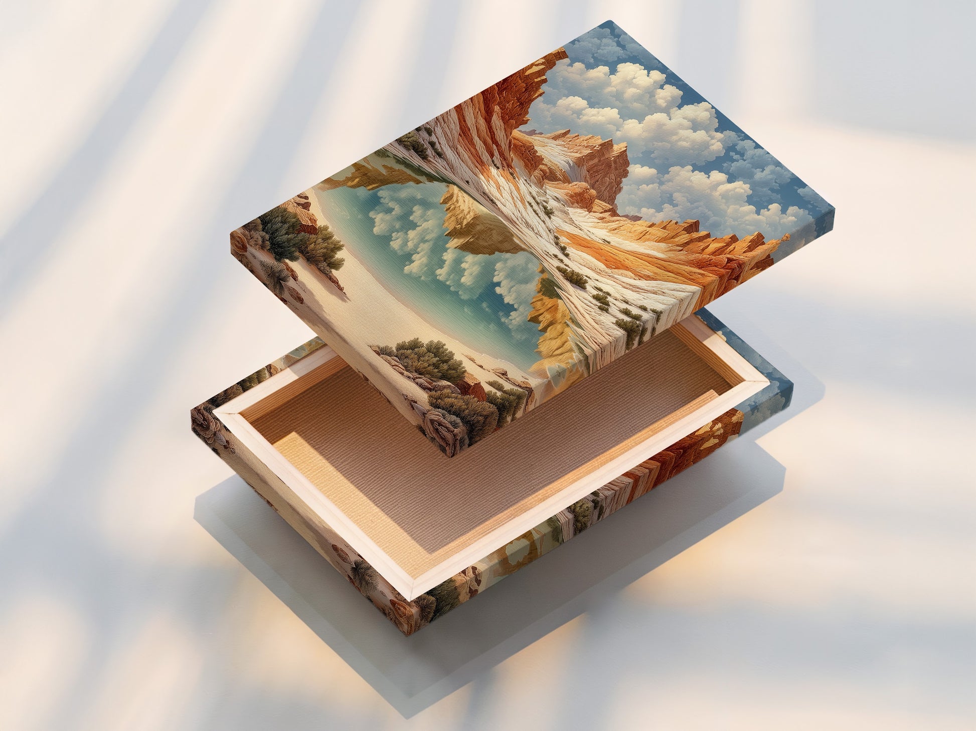 Showcasing a stretched canvas print of desert canyon art. The terracotta mountain canvas is ready to hang. This southwest landscape wall art is perfect for adding a touch of nature to any space. Enhance your home decor with this stunning southwestern art piece for living rooms and bedrooms.