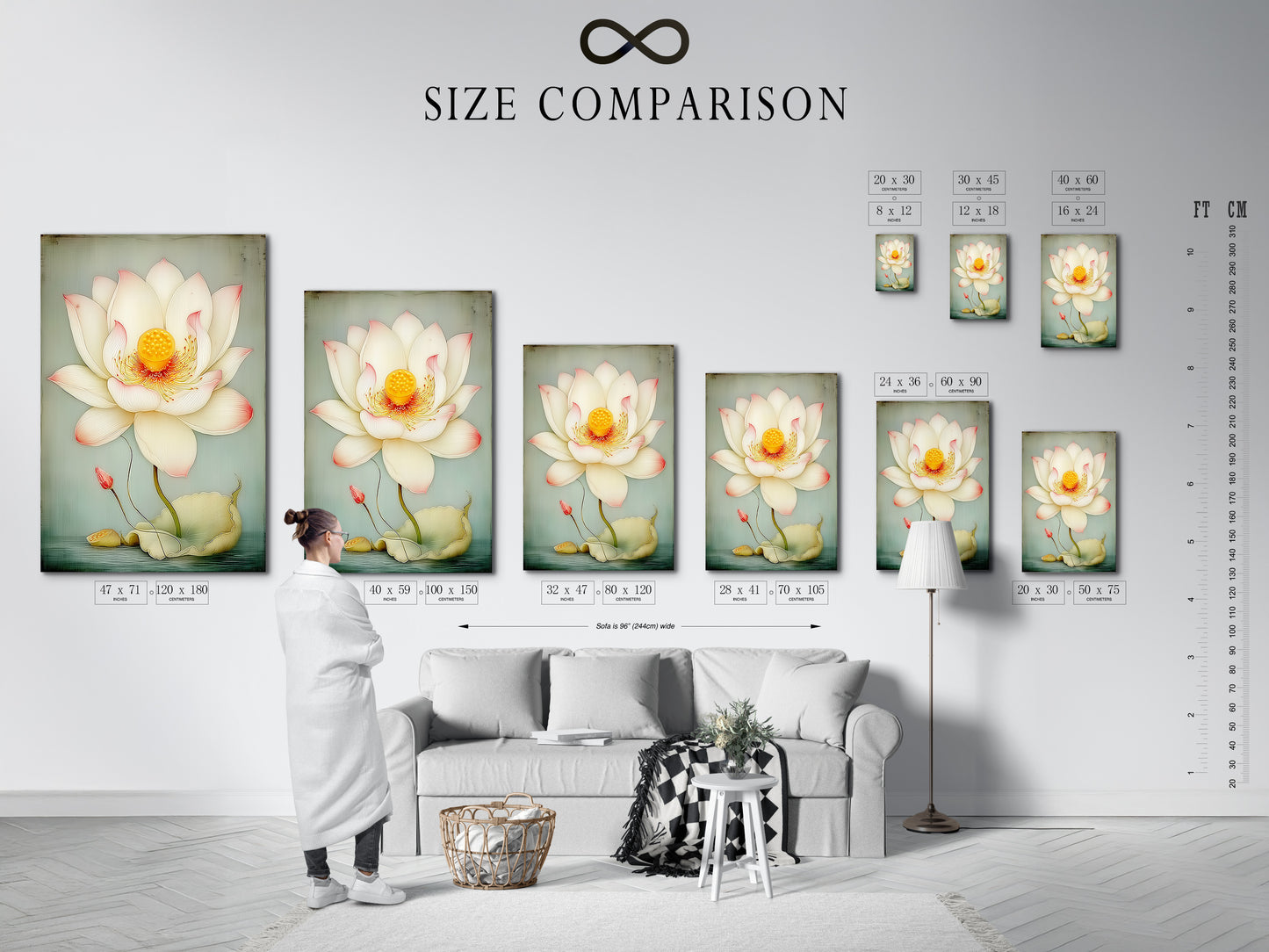 A size comparison chart is displayed in an interior setting. The chart illustrates various sizes of the Lotus Flower art. This helps you visualize the perfect fit for your wall. Choose the ideal size to complement your space. Perfect for any room.