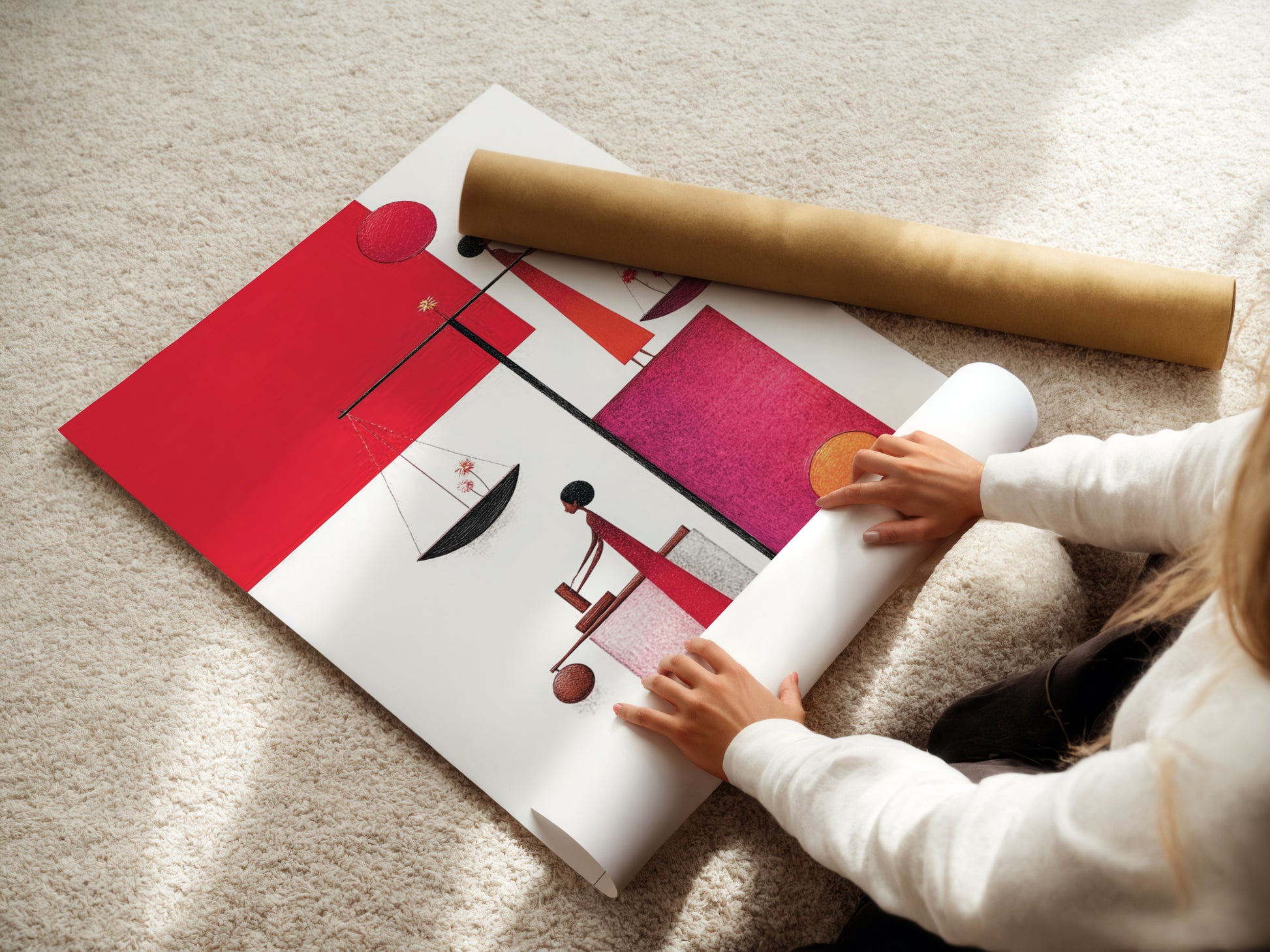 A woman carefully rolls a fine art poster paper featuring the Justice Scales artwork. This poster is a great option for those seeking a more affordable art solution. Perfect for any legal art lover