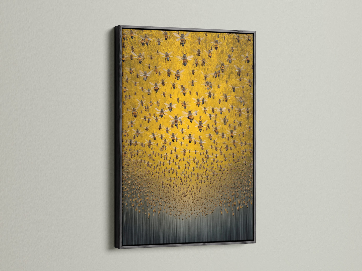 View the Honey Bee artwork with a black frame. This bold frame creates a striking contrast with the golden wall art. It is suitable for industrial or eclectic interiors. A perfect choice for those seeking modern art prints. Transform your studio or boardroom with this piece.