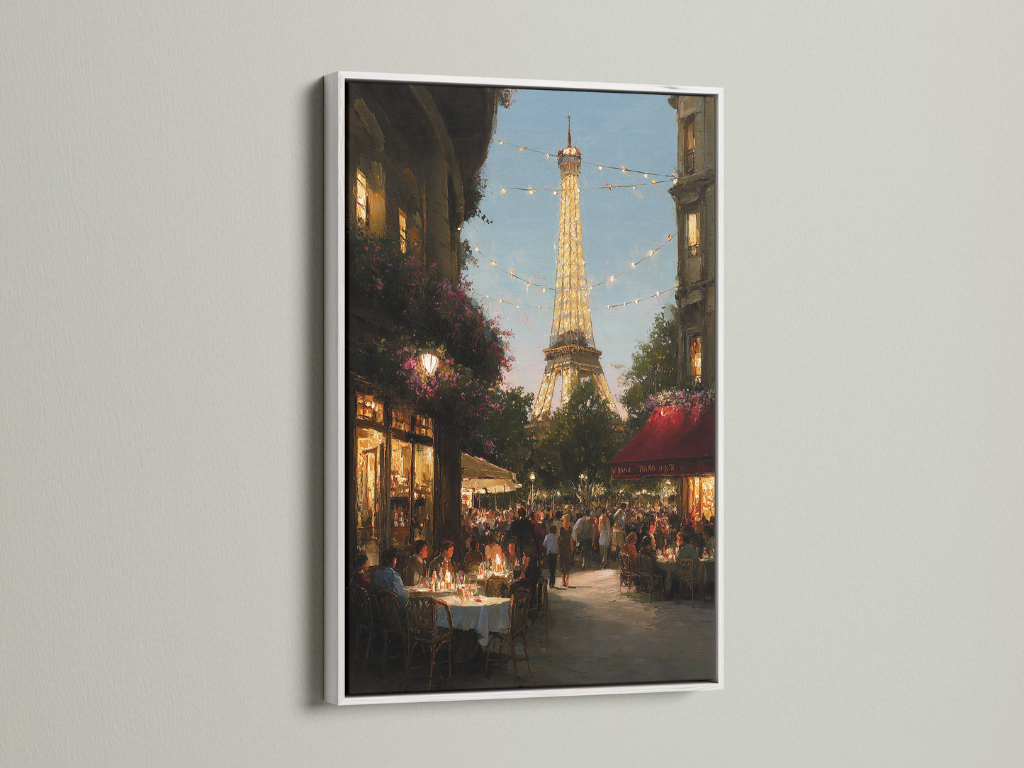 A white frame surrounds a stunning artwork of the Eiffel Tower in Paris. The clean white frame offers a modern look. It allows the artwork to stand out and capture attention. Explore the versatility of white frames for your art.