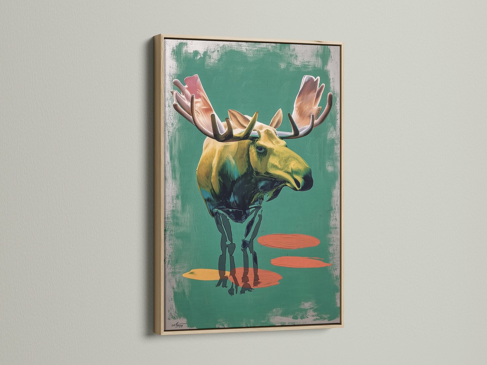 Artwork of a moose in an oak frame. The frame complements the artwork. Giving it a natural and organic feel. The art is ready to hang. It will add warmth and sophistication to any room.