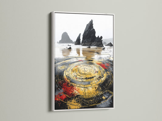 Enhance your space with mystical compass art in a clean white frame. The white frame adds a modern touch to this steampunk decor. Ideal for coastal and tropical styles. Order your fantasy canvas print today.