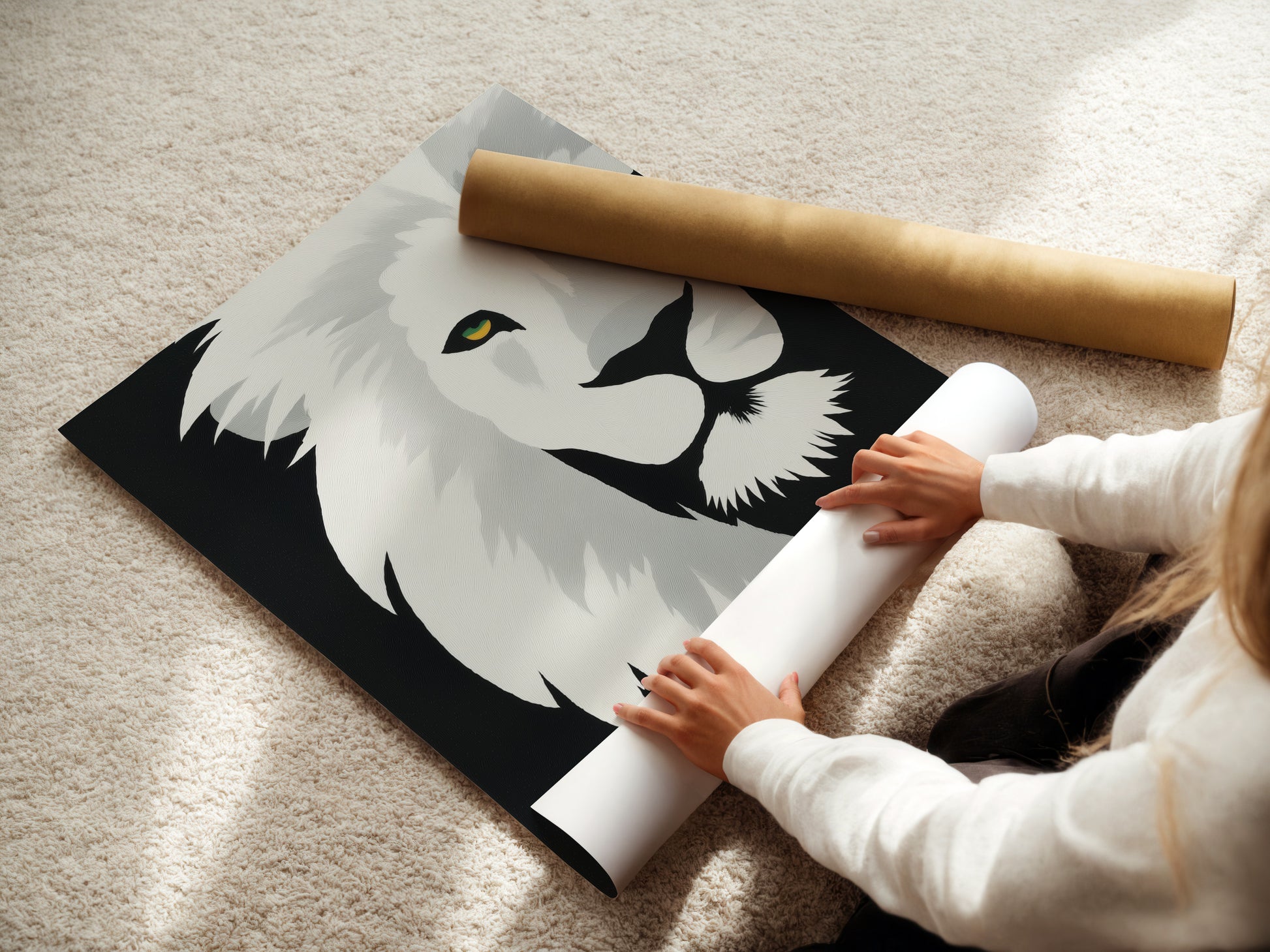 Watch a woman carefully rolling fine art poster paper. The fine art poster paper ensures high quality prints. This image highlights the care in handling artwork. Experience the beauty and texture of our premium poster paper. Order your fine art prints today.