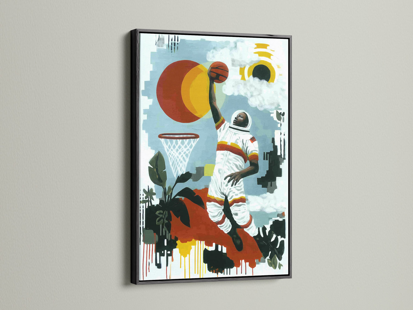 Basketball astronaut artwork in a sleek black frame. This retro space art is perfect for modern interiors. Add a touch of sports theme to your game room or man cave. A unique and stylish canvas print.