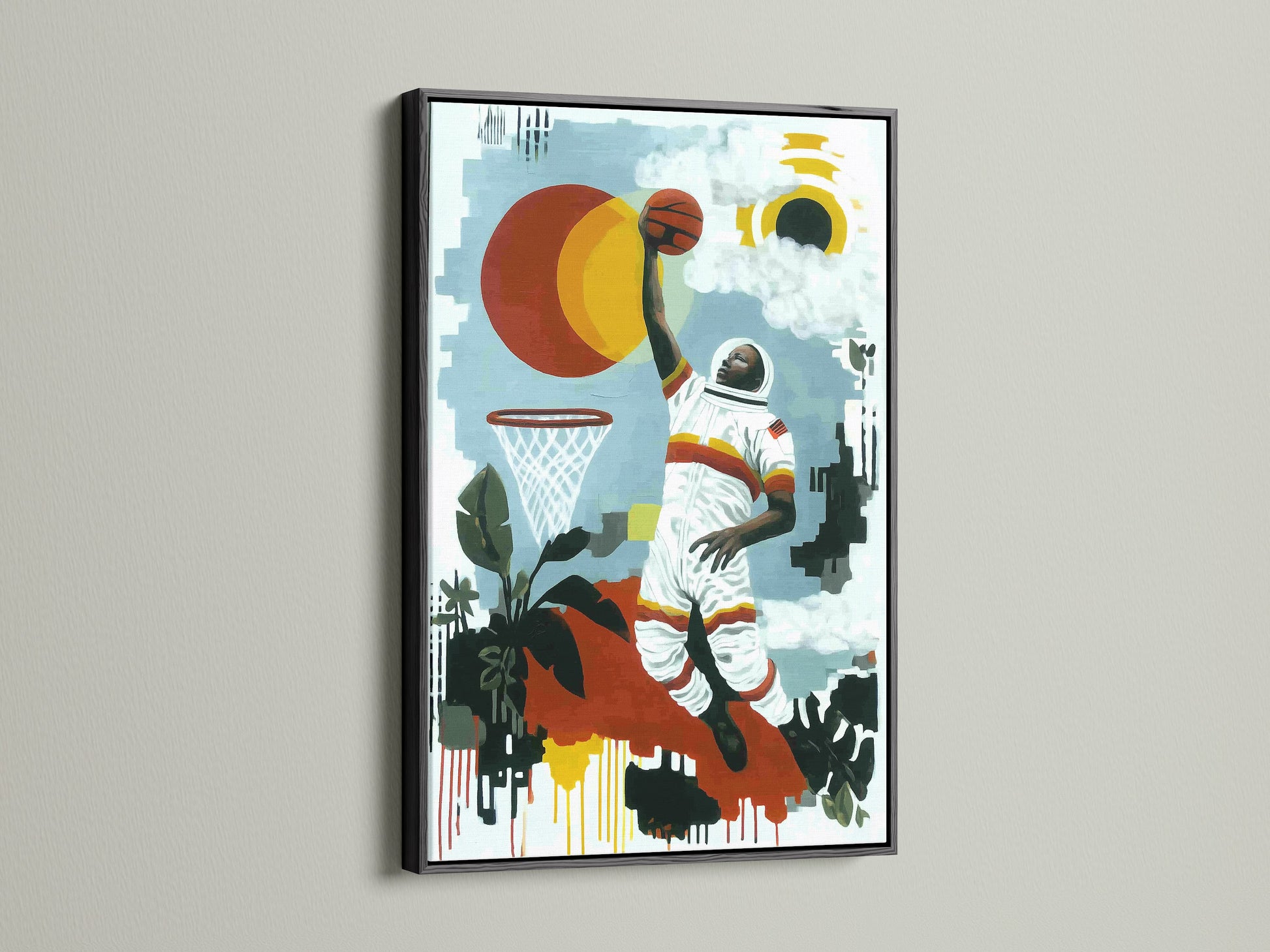 Basketball astronaut artwork in a sleek black frame. This retro space art is perfect for modern interiors. Add a touch of sports theme to your game room or man cave. A unique and stylish canvas print.