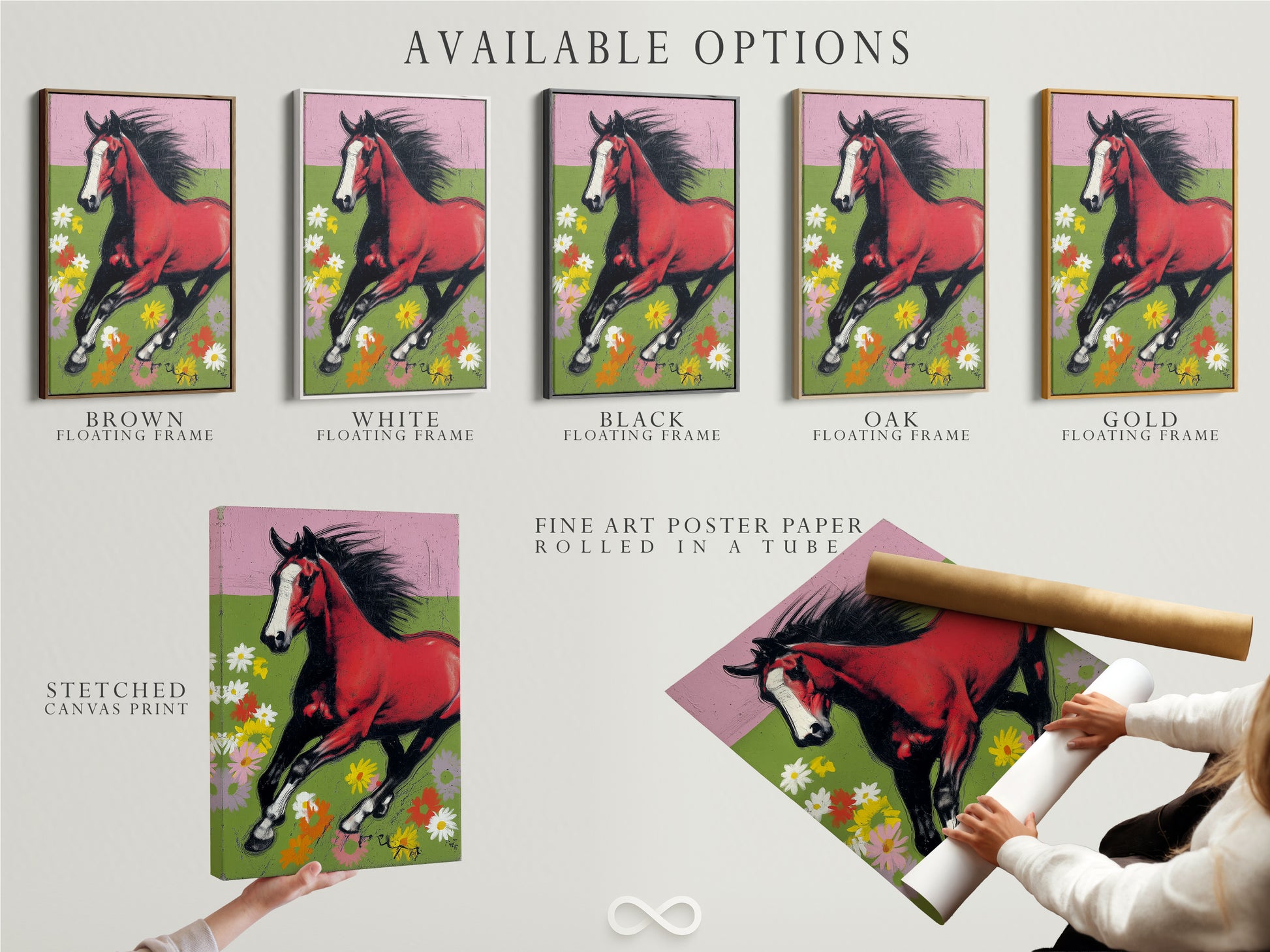This image presents the available options for a red bay horse artwork. Options include a stretched canvas print fine art poster paper and floating frame. The artwork features a horse galloping through a floral meadow. Choose the perfect format to suit your taste and decor style.