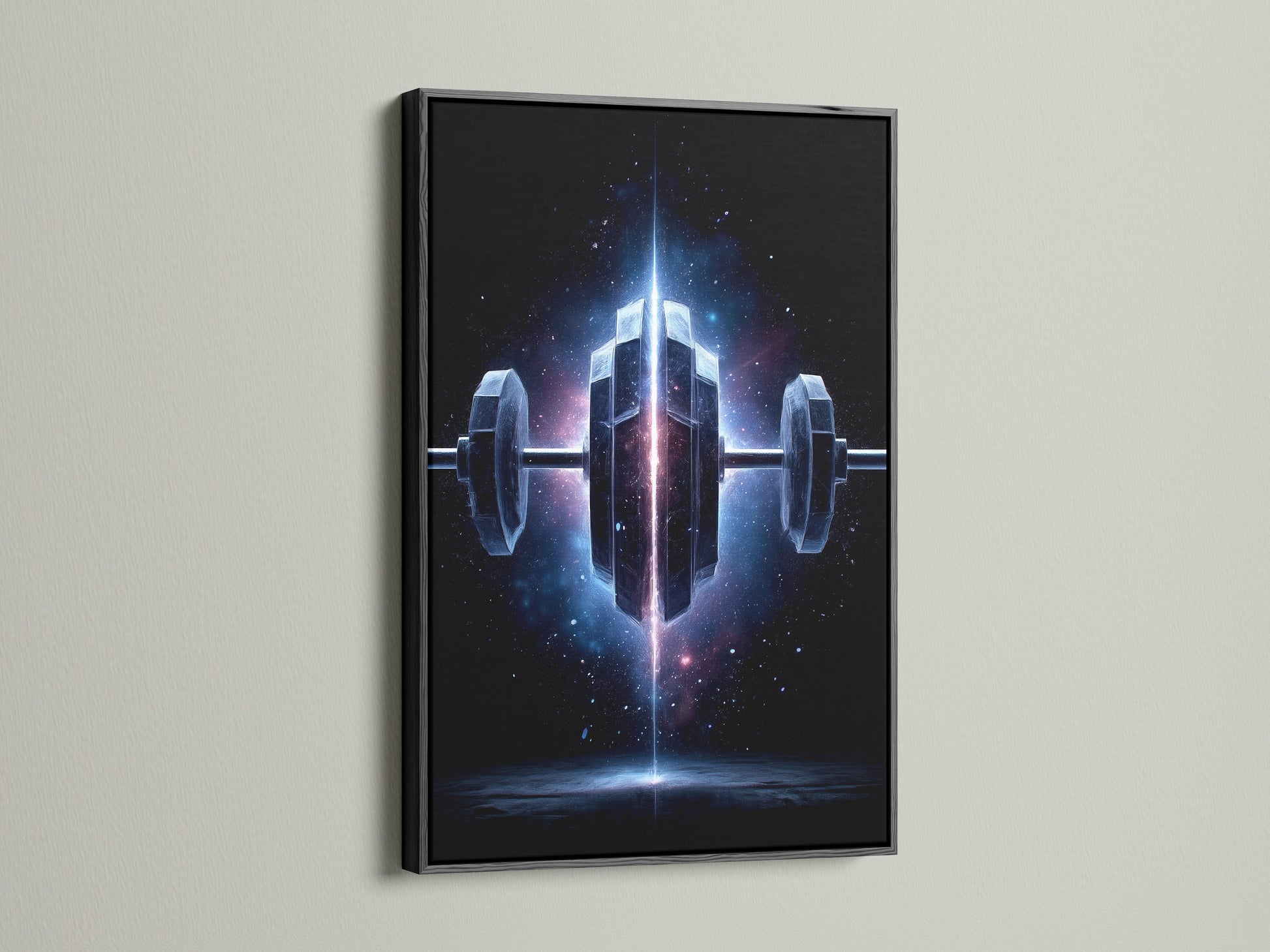 The Cosmic Dumbbell art in a sleek black frame. This nebula fitness art enhances any space. The home gym decor is ideal for athletes and fitness lovers. A space canvas print for motivational workout vibes.