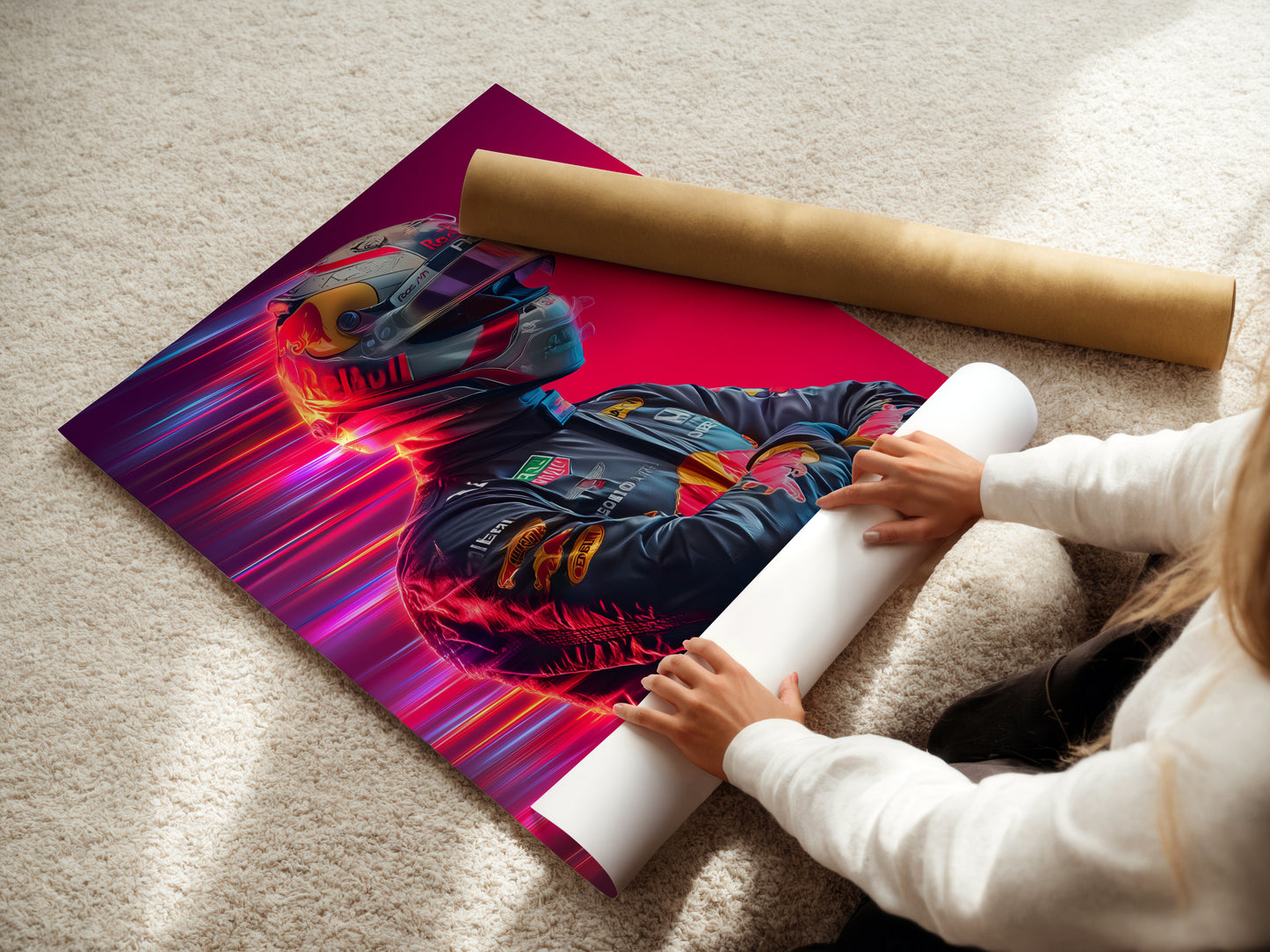 A woman is carefully rolling a fine art poster paper. The paper features Formula Racing artwork. This automotive wall art is perfect for car enthusiasts. Ideal for creating neon speed prints and posters.