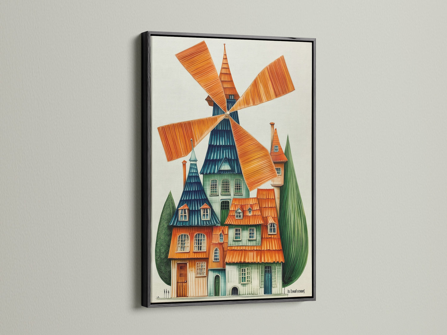 Whimsical windmill artwork displayed in a sleek black frame. This Dutch architecture canvas brings colorful folk art to playroom decor. A unique piece of wall art perfect for kids' rooms and creative spaces. Orange and teal tones.