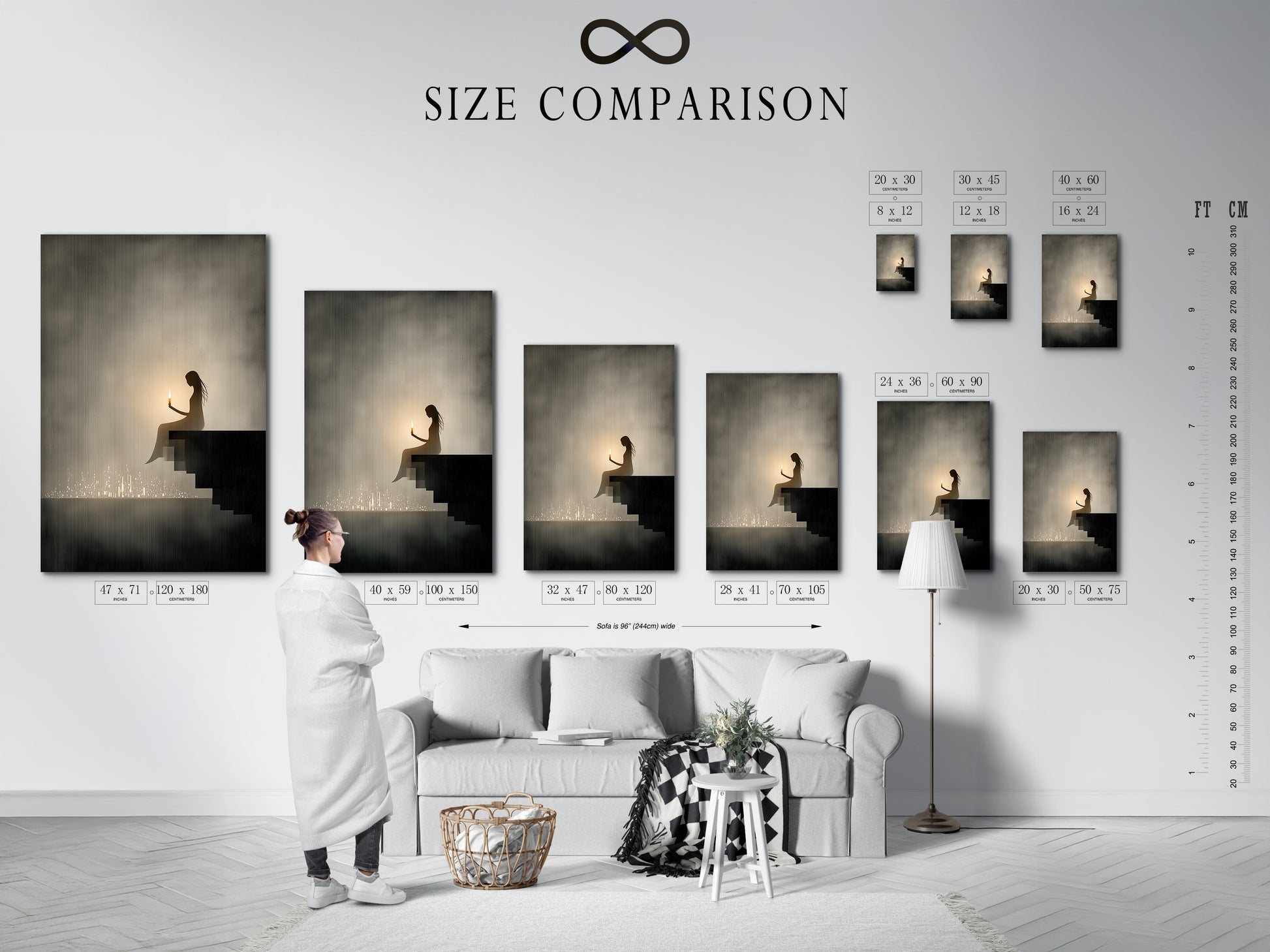 A size comparison chart is shown in an interior setting. Visualize how the Silhouette Canvas Print fits your space. Ideal for meditation decor and creating a serene atmosphere with calming art.