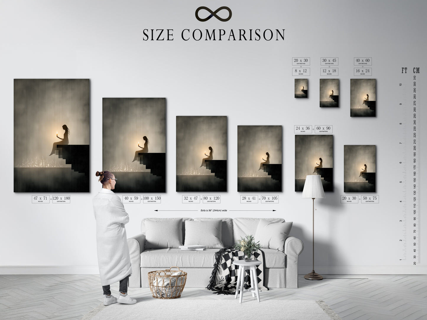 A size comparison chart is shown in an interior setting. Visualize how the Silhouette Canvas Print fits your space. Ideal for meditation decor and creating a serene atmosphere with calming art.