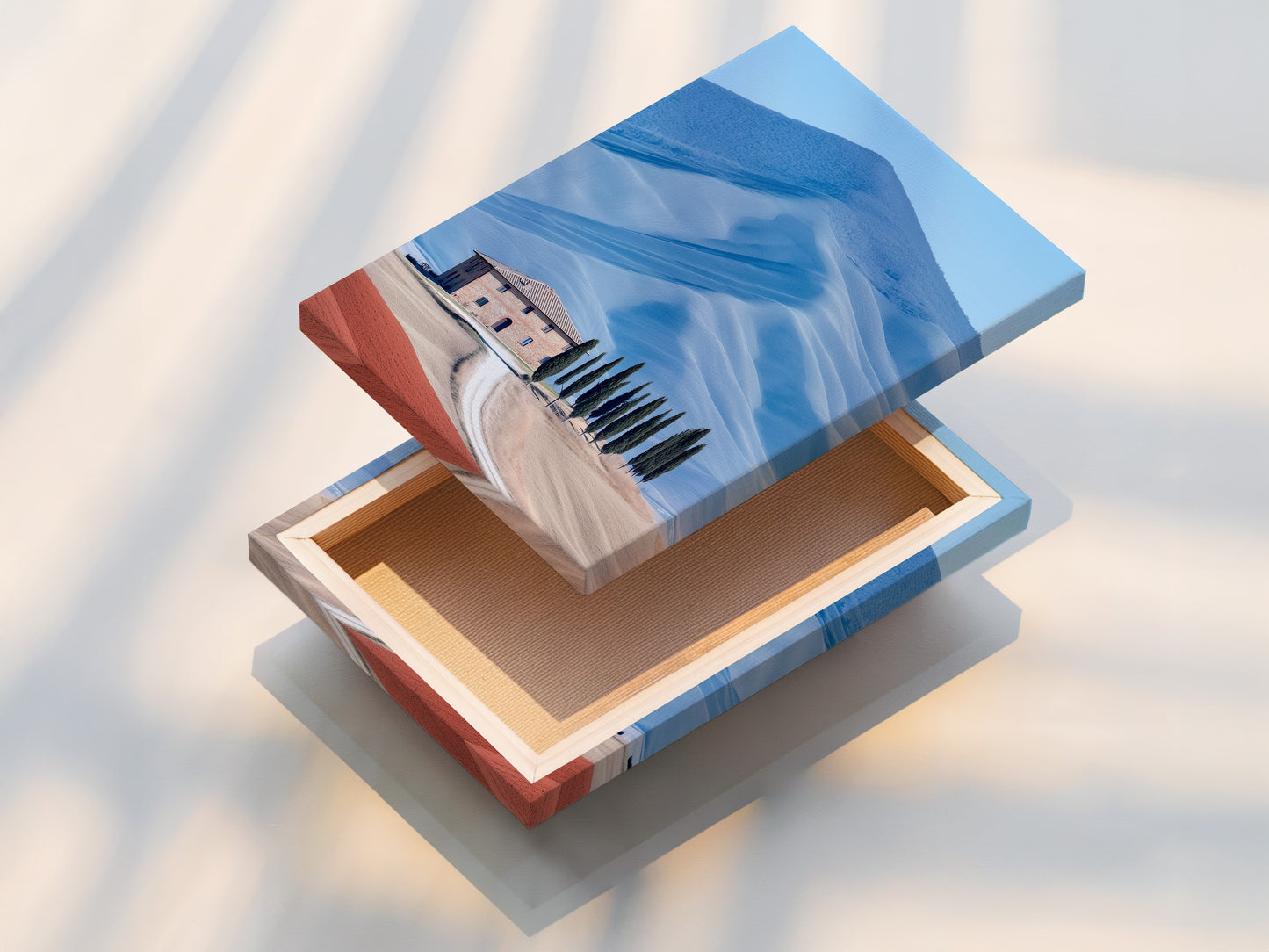 A stretched canvas print of a Tuscany landscape. The Italian countryside wall art brings rustic charm. This farmhouse scenery captures the beauty of nature photography. Perfect for enhancing living rooms bedrooms studios lobbies clinics cafรฉs and spas.