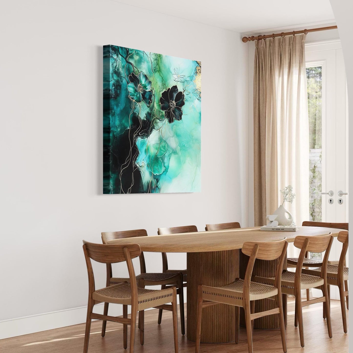 Teal Floral Wall Art - Abstract Canvas Art, Green and Black Flower Painting, Gold Accents Botanical Art Print, Nature-Inspired Wall Decor