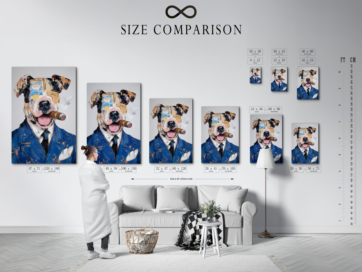 Size comparison chart in an interior setting. Dog portrait art options displayed in various sizes. Visualize how the mixed media print fits your space. Choose the perfect animal wall art for your decor. Find the ideal size for your dog lover gift.