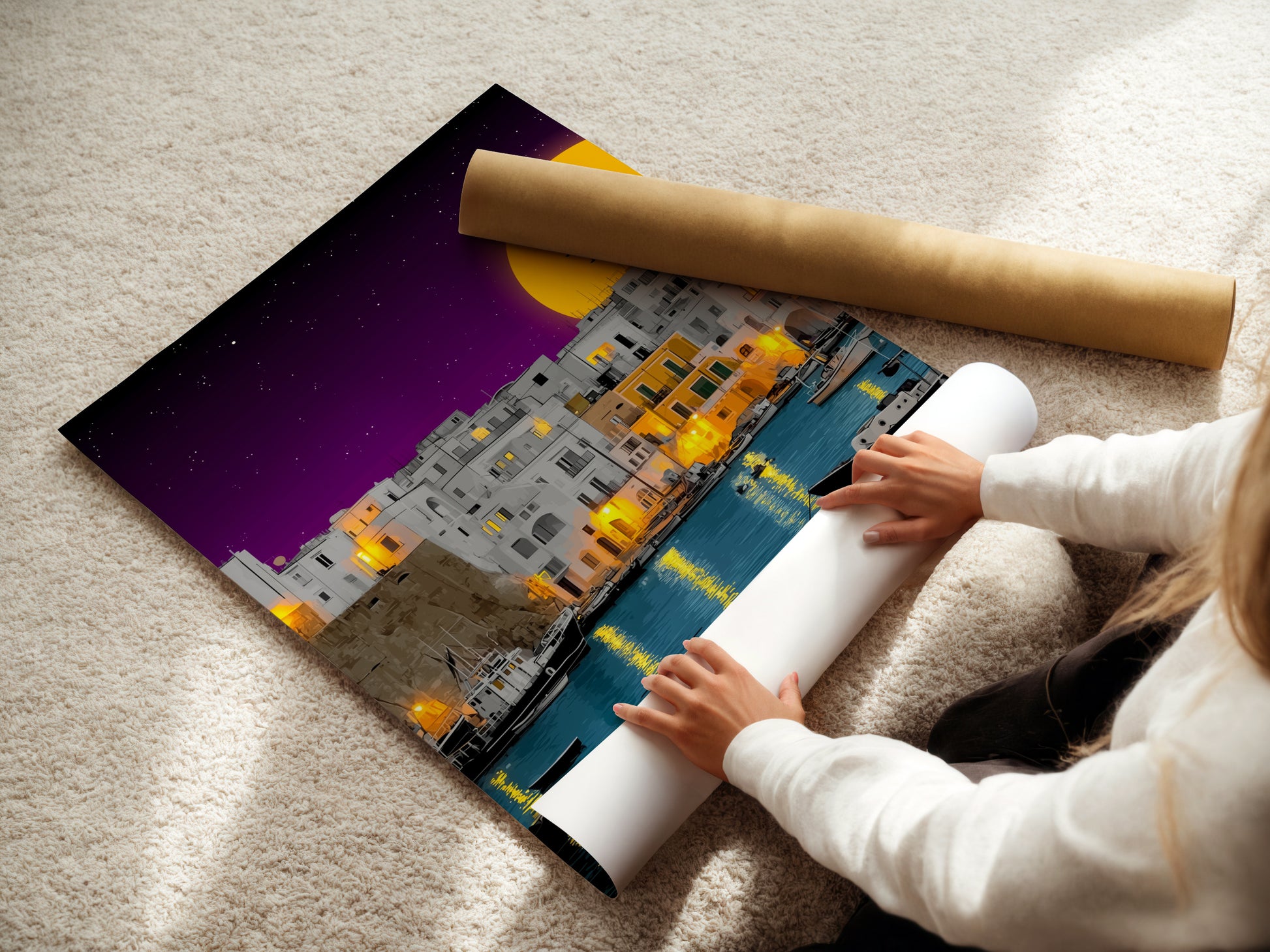 A woman is carefully rolling a fine art poster paper. The poster features the coastal village artwork. This ensures it arrives in pristine condition. Perfect for homeowners renters and business owners seeking elevated contemporary wall decor.