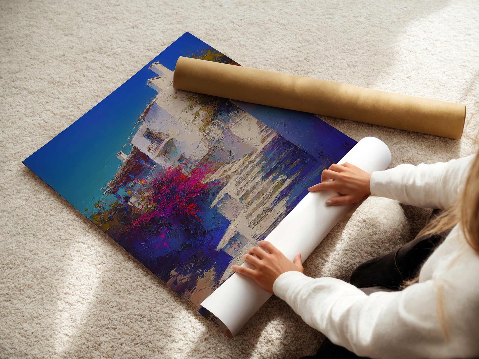 A woman carefully rolling a fine art poster paper. The paper features the Mediterranean Village artwork. It is a Greek Island staircase print. The coastal wall decor will be carefully packaged. Blue and white hues are vibrant.