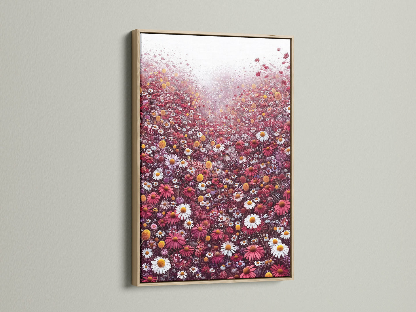 A close-up view of a floral meadow canvas artwork in an oak frame. The artwork captures a beautiful scene of red and white wildflowers. Ideal botanical wall decor for living rooms. Enhance your home with this wildflower print that complements farmhouse and eclectic styles.