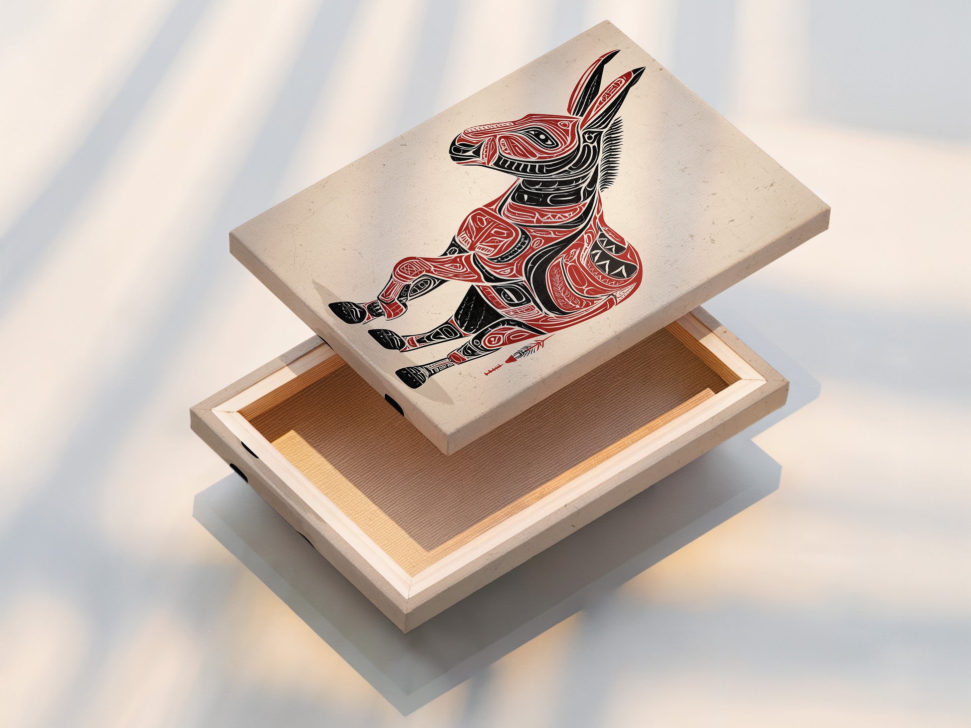 A stretched canvas print of the Tribal Donkey art. The artwork is ready to hang and adds a touch of southwestern flair. The tribal animal art is vibrant. The native american art style is evident. This tribal canvas print enhances any room. The geometric animal print brings folk art charm.