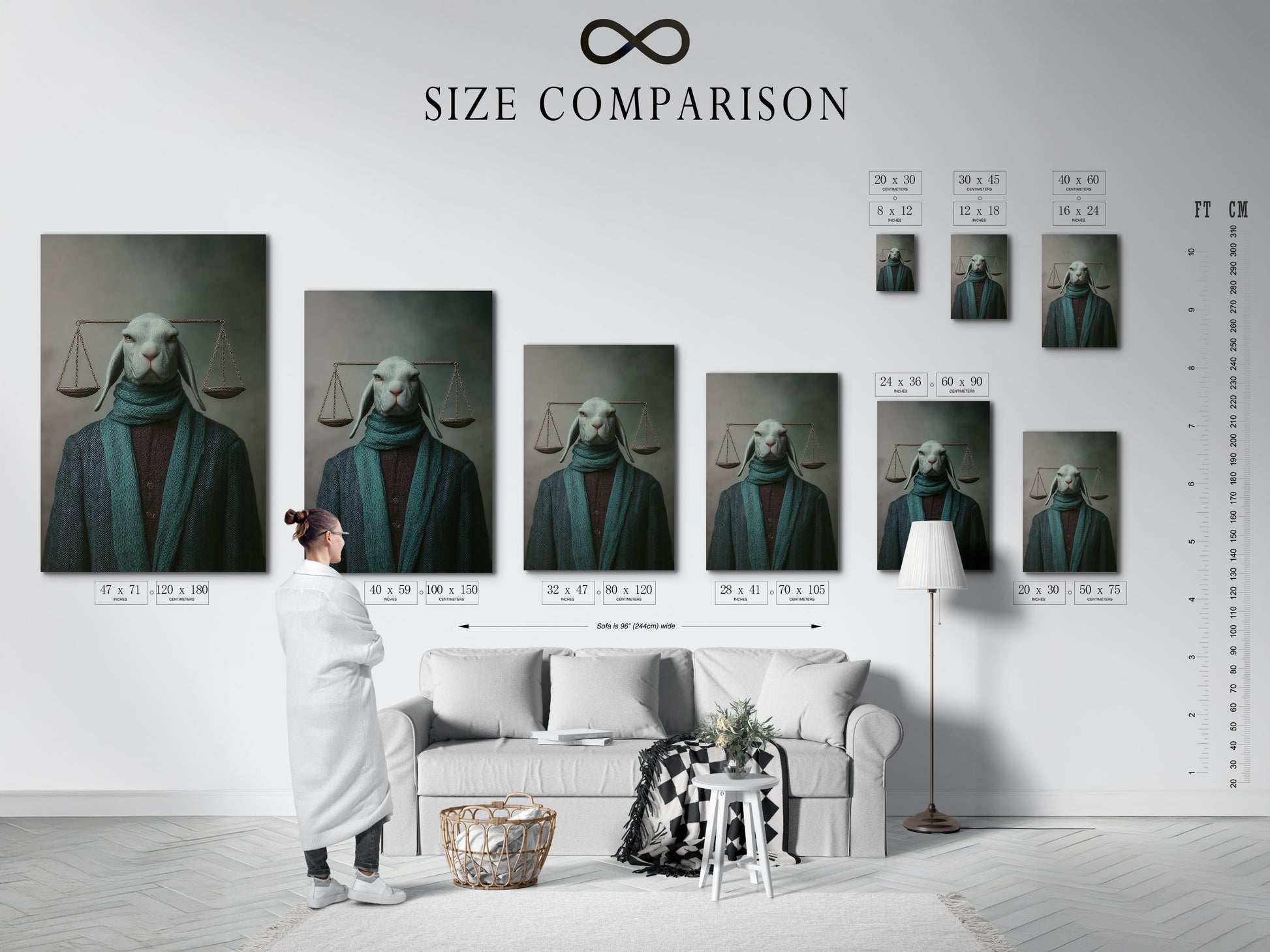A size comparison chart showcases the Justice Rabbit artwork. Visualize how this piece fits in your interior space. Available in multiple sizes to suit your decor needs. Perfect for law offices libraries and home offices.