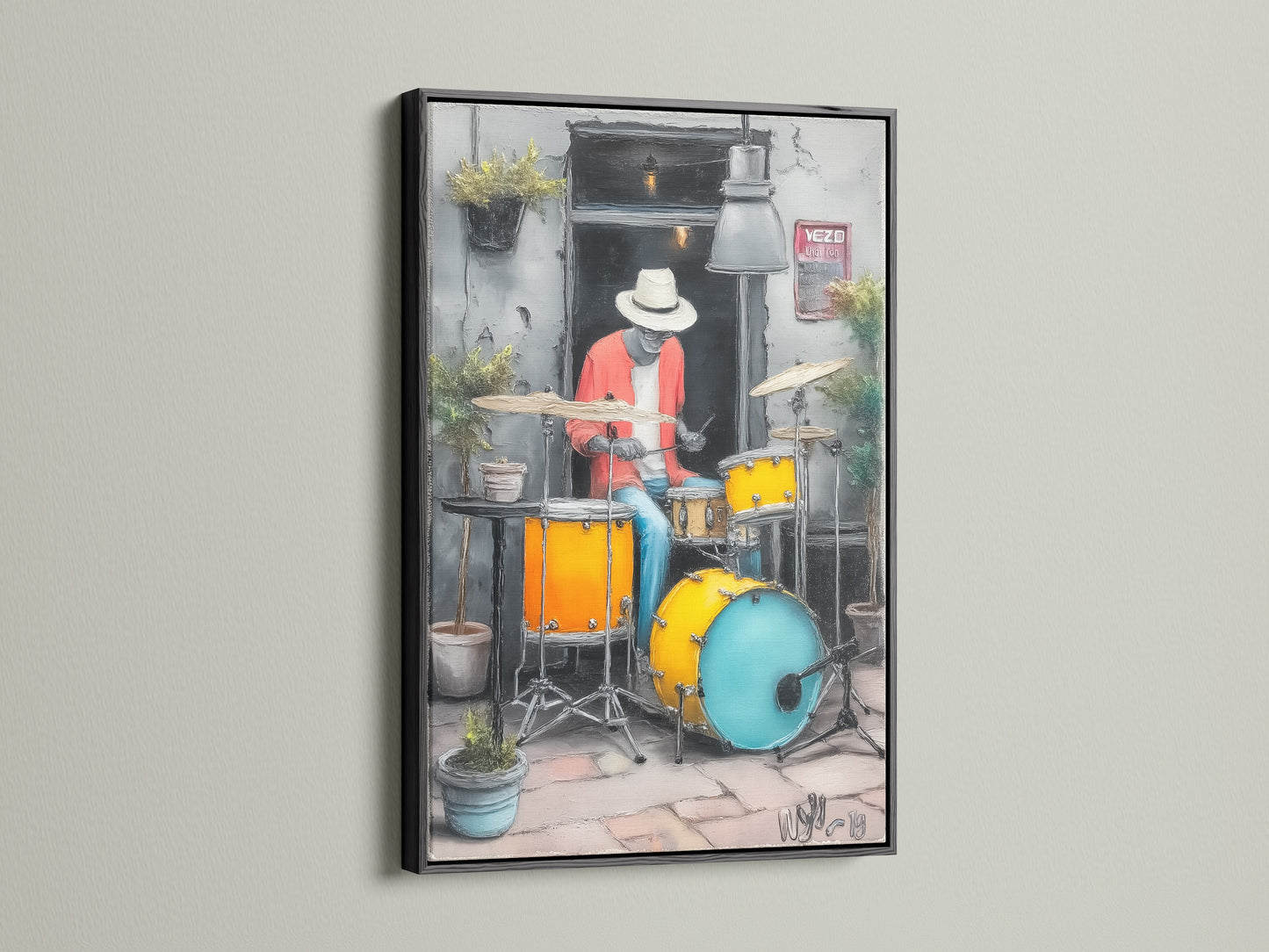 Jazz Drummer art with a black frame. The urban music wall art is a great addition to any music studio. The modern musician artwork is a cool toned piece. Elevate your space with this jazz art print.