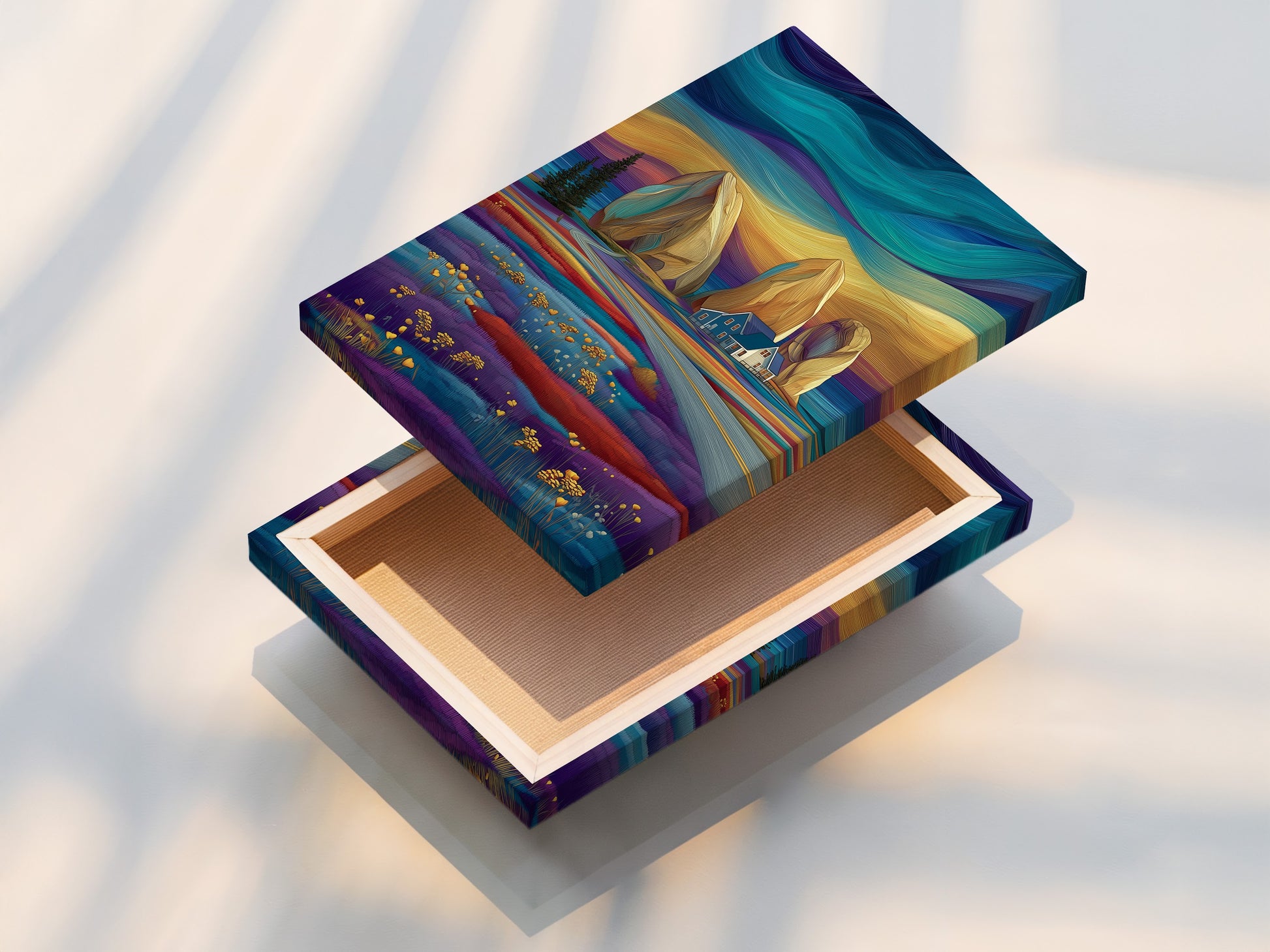 A stretched canvas print featuring a stylized seascape. The artwork showcases teal and purple colors. Ideal for modern coastal art. Enhances any room as a landscape canvas or nautical wall art.