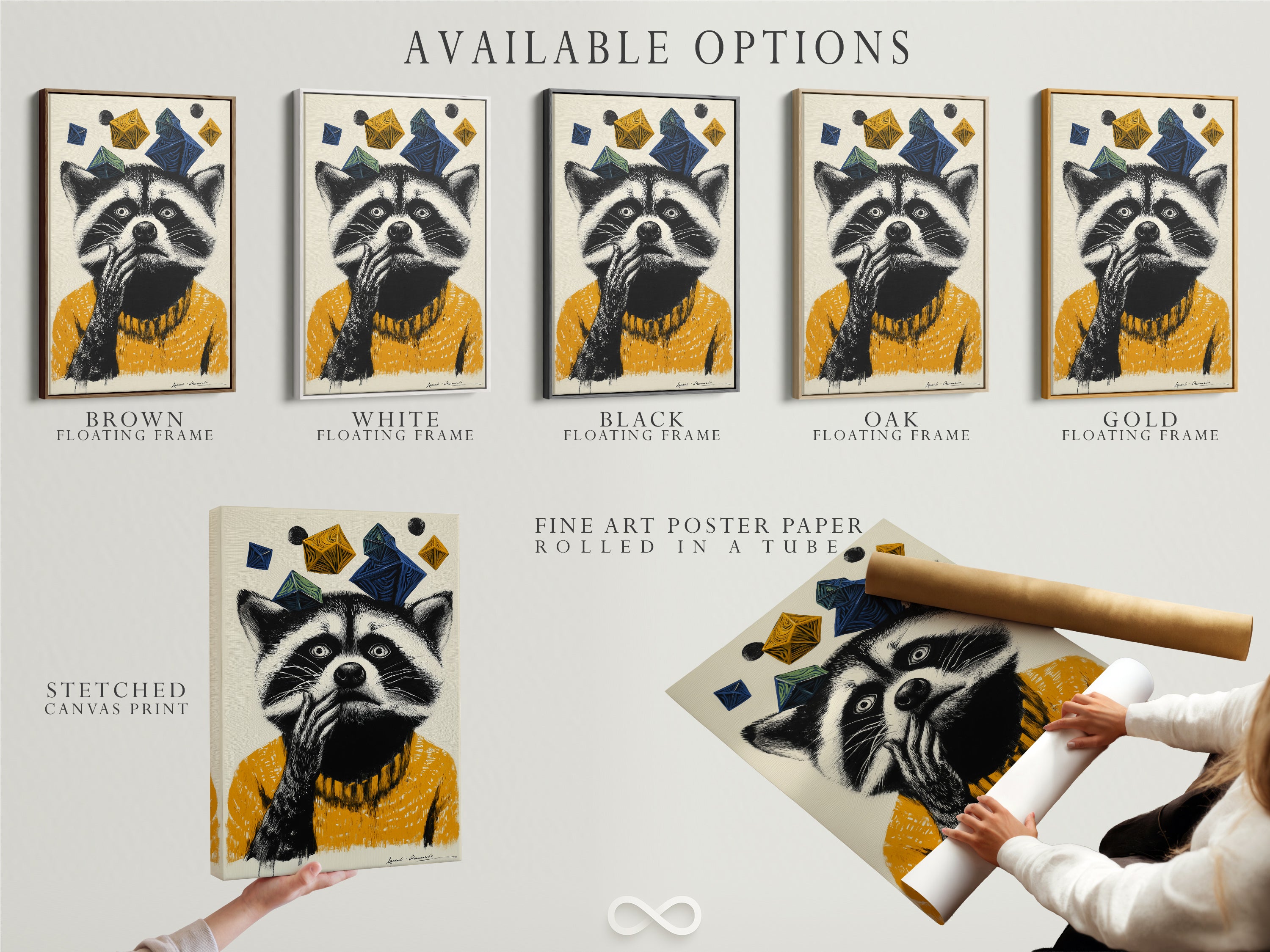 Available options are showcased for the raccoon artwork. Choose from a stretched canvas print a fine art poster paper or a floating frame. This whimsical animal wall art is perfect for kids room decor. Customize your art to match your style. The raccoon in a mustard yellow sweater adds a playful touch.