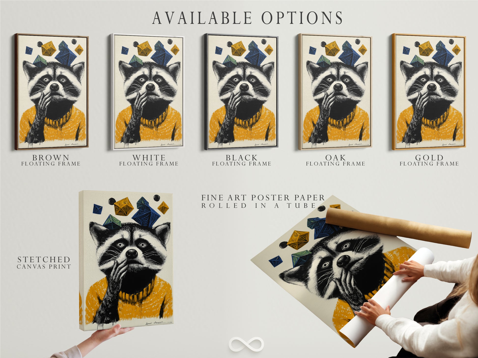 Available options are showcased for the raccoon artwork. Choose from a stretched canvas print a fine art poster paper or a floating frame. This whimsical animal wall art is perfect for kids room decor. Customize your art to match your style. The raccoon in a mustard yellow sweater adds a playful touch.