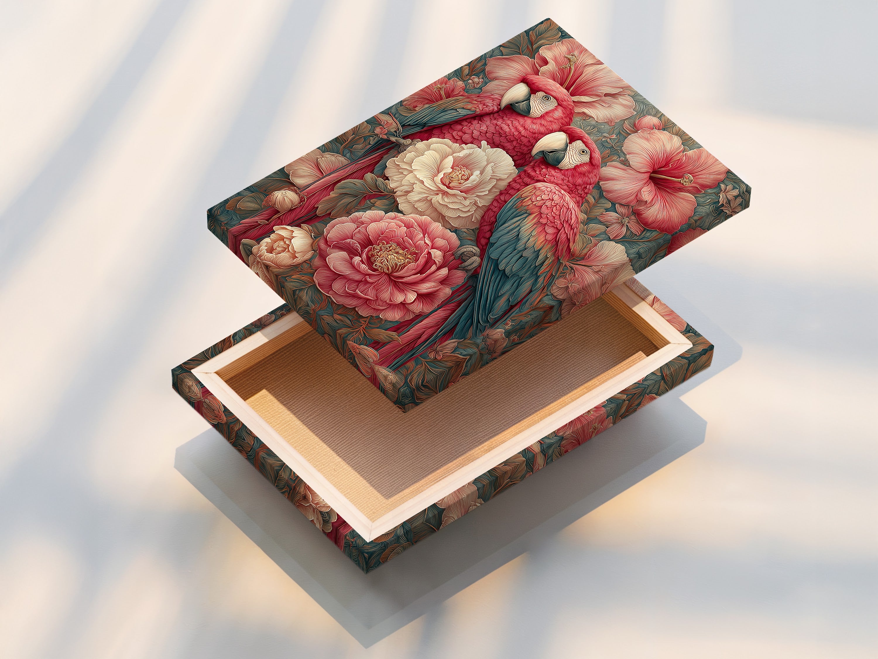 This is a stretched canvas print of tropical parrot artwork. The artwork is vintage botanical wall art. The pink coral floral bird artwork will enhance your bedroom decor. It will also elevate your living space.