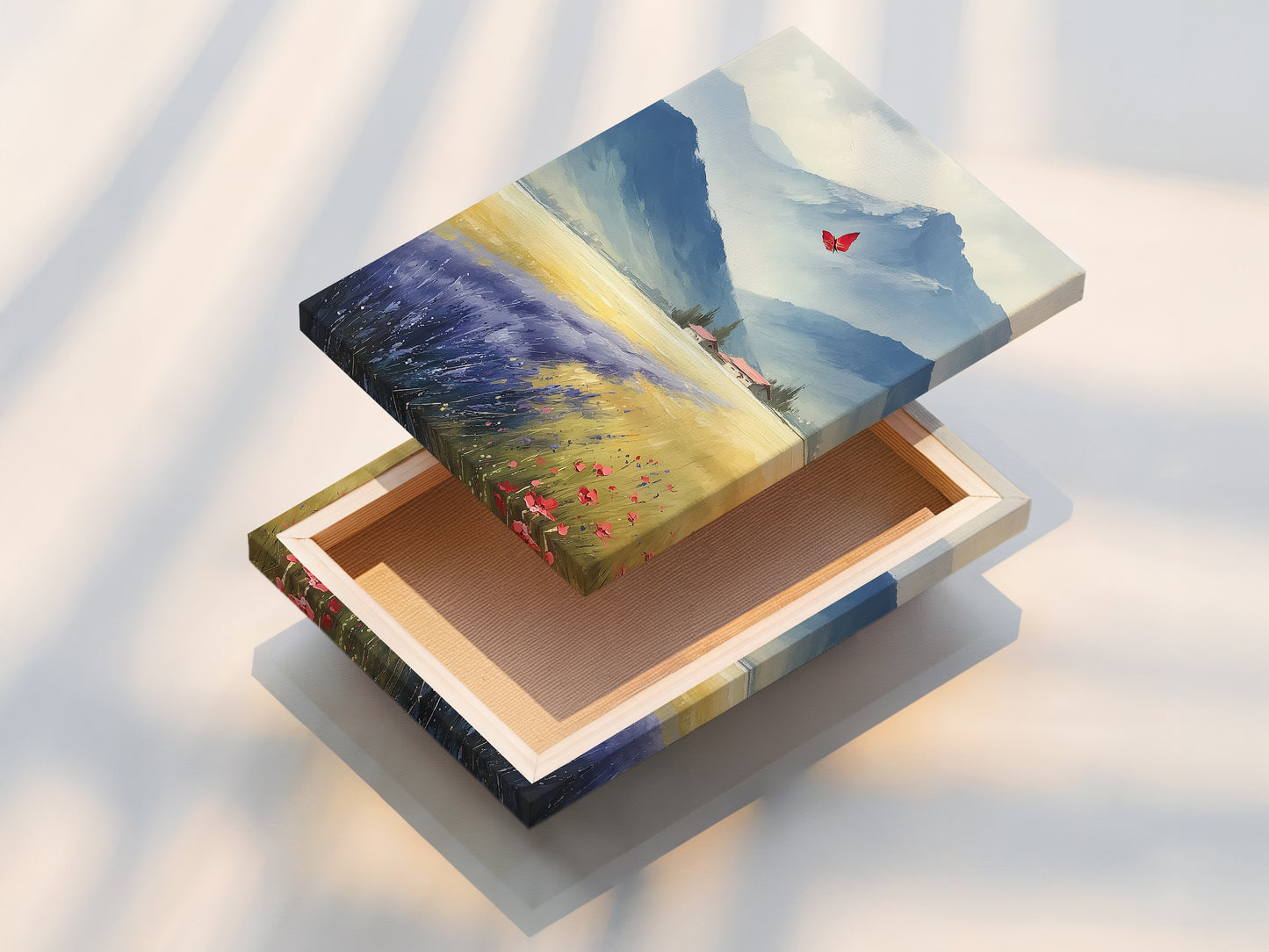 This stretched canvas print showcases a stunning mountain valley landscape. The butterfly artwork adds a touch of farmhouse style to your decor. The nature wall decor brings a serene ambiance. Enjoy the scenic mountain vista and wildflower art. Perfect rustic wall art for your country home. This nature canvas is ready to hang.