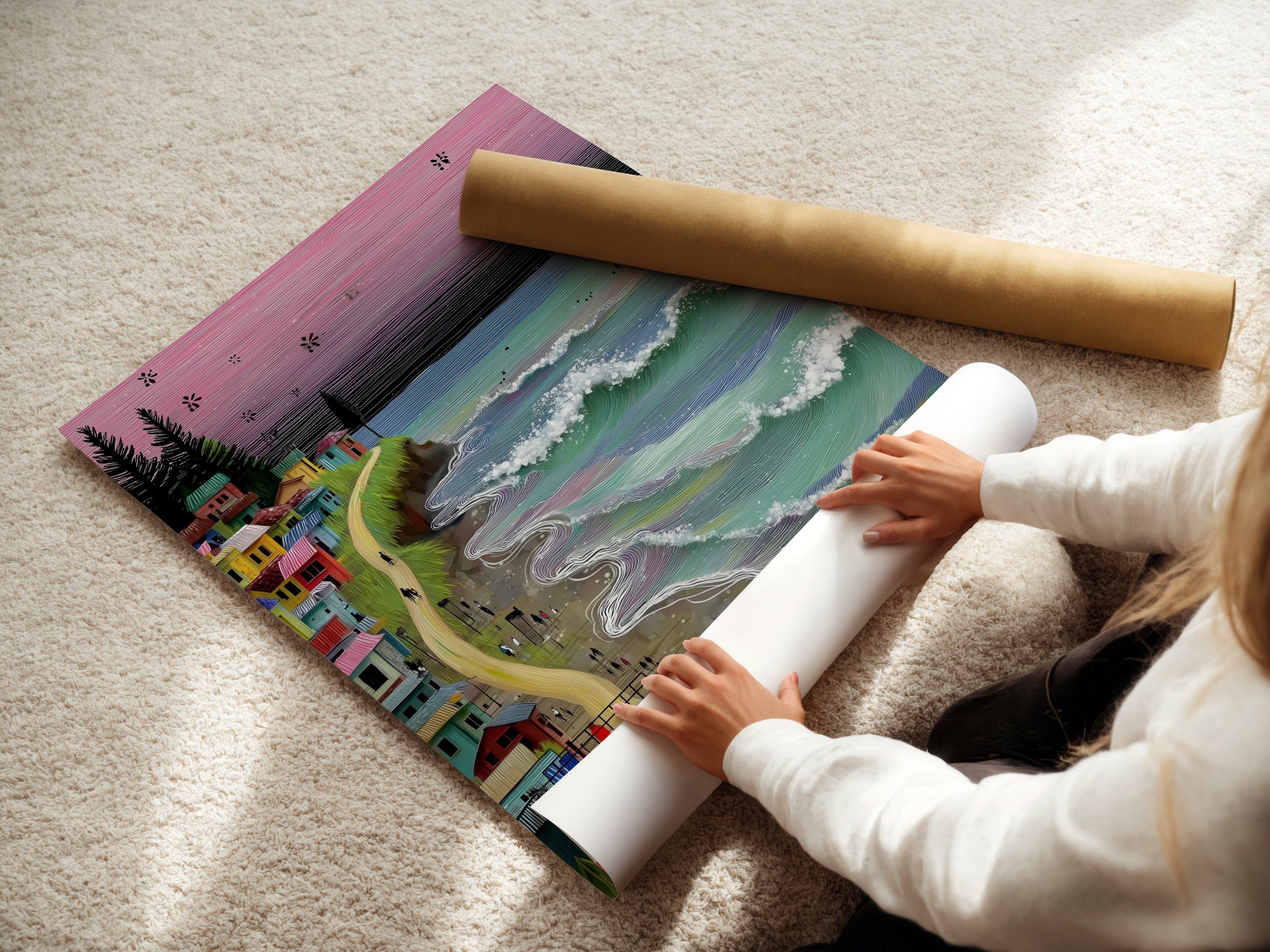 A woman is carefully rolling a fine art poster paper. The paper features coastal village art with a vintage van and ocean waves. This fine art poster is perfect for framing. Ideal for adding a touch of whimsical seaside charm. Perfect for coastal home decor.
