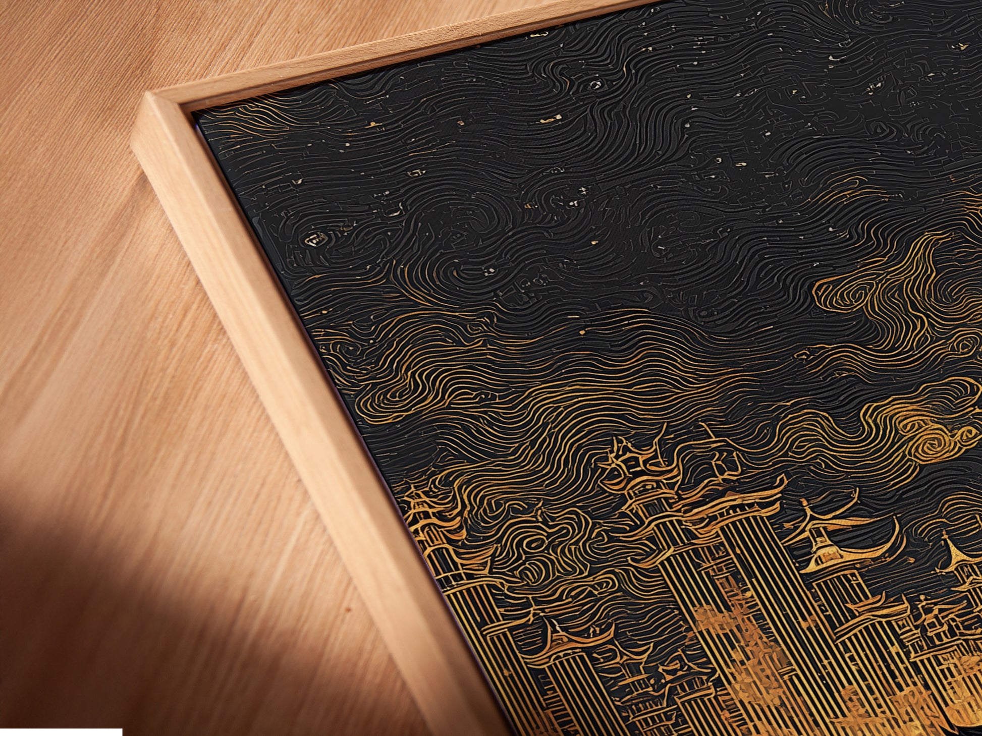 A close-up angled view of a canvas print in a floating frame. The Western Cowboys artwork will add a touch of class to your home. This art is perfect for living rooms dens and man caves.