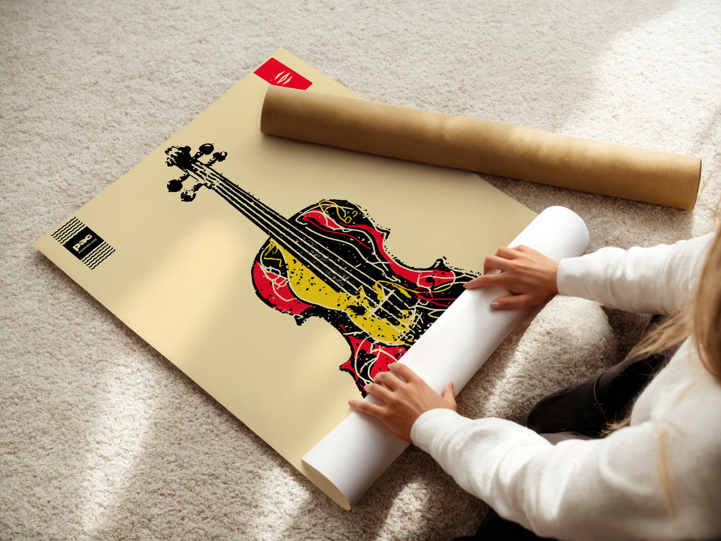 A woman rolls fine art poster paper. It is for a violin art print. The abstract musical instrument artwork is perfect for music enthusiasts. This graphic artwork is ideal for music rooms studios and schools. It makes a great gift for musicians and music lovers alike.