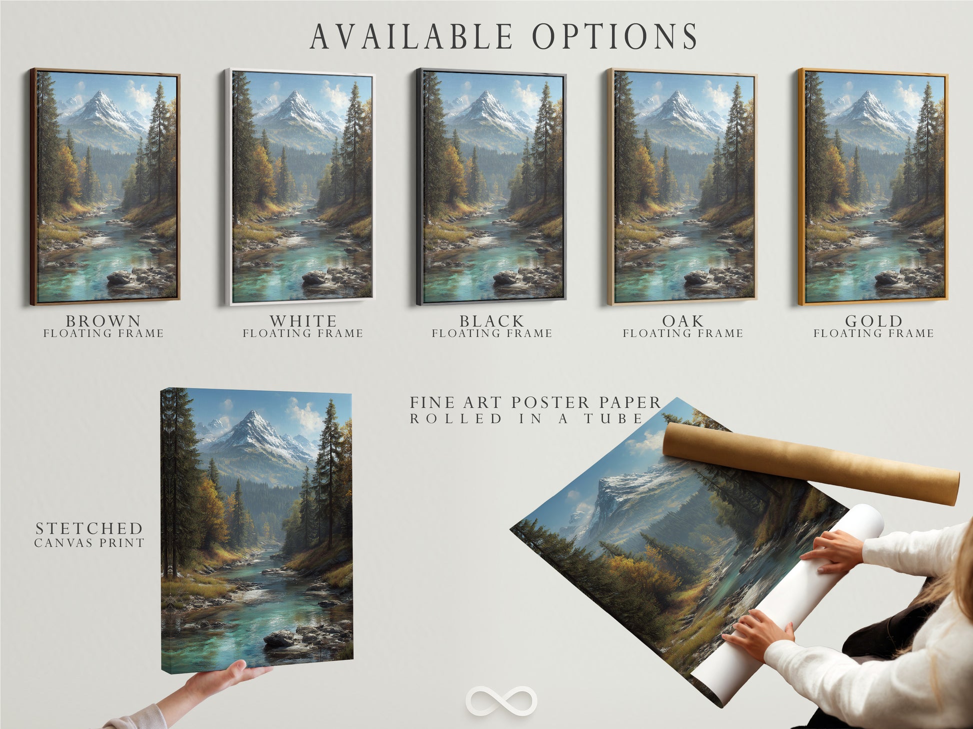 Available options for the mountain river art print. Choose between a stretched canvas print fine art poster paper or a floating frame. Customize your alpine landscape wall art to match your style. Enjoy nature photography in your home.
