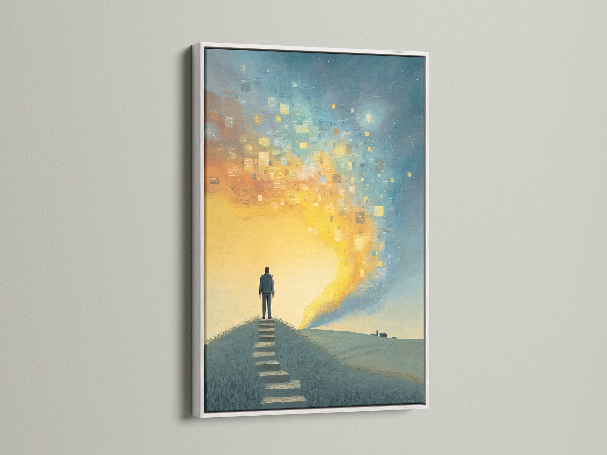 Surreal Journey canvas artwork with a white frame. The artwork depicts a figure on a path in a dreamlike landscape. The white frame enhances its contemporary appeal. This digital art print is suitable for minimalist Scandinavian or modern styles in homes or offices.