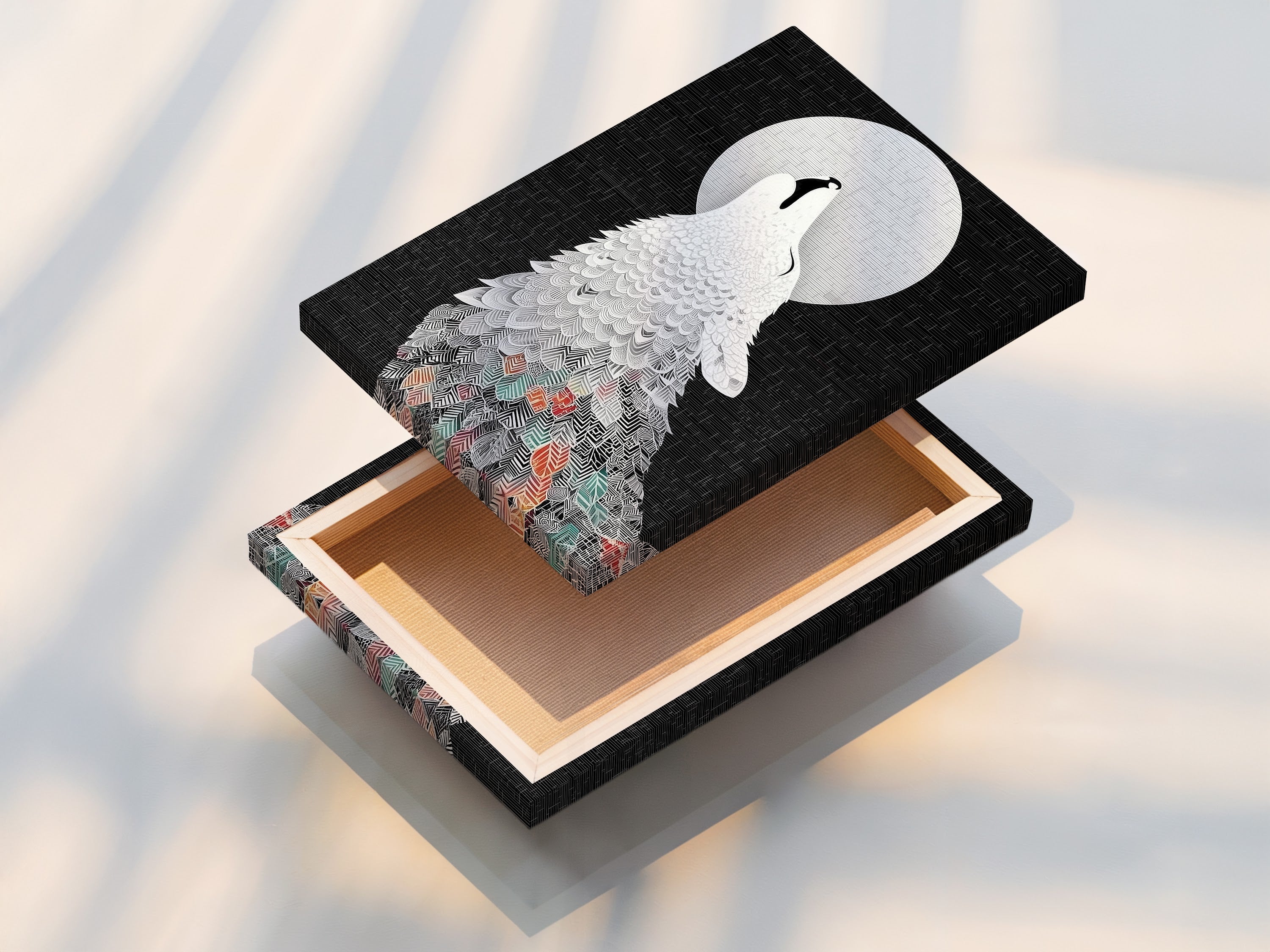 This is a stretched canvas print of the wolf howling at the moon artwork. The canvas print is ready to hang. It provides a gallery-quality look for your modern wall decor. The geometric style and black and white colors make it a versatile piece. Shop now for this stretched canvas art.