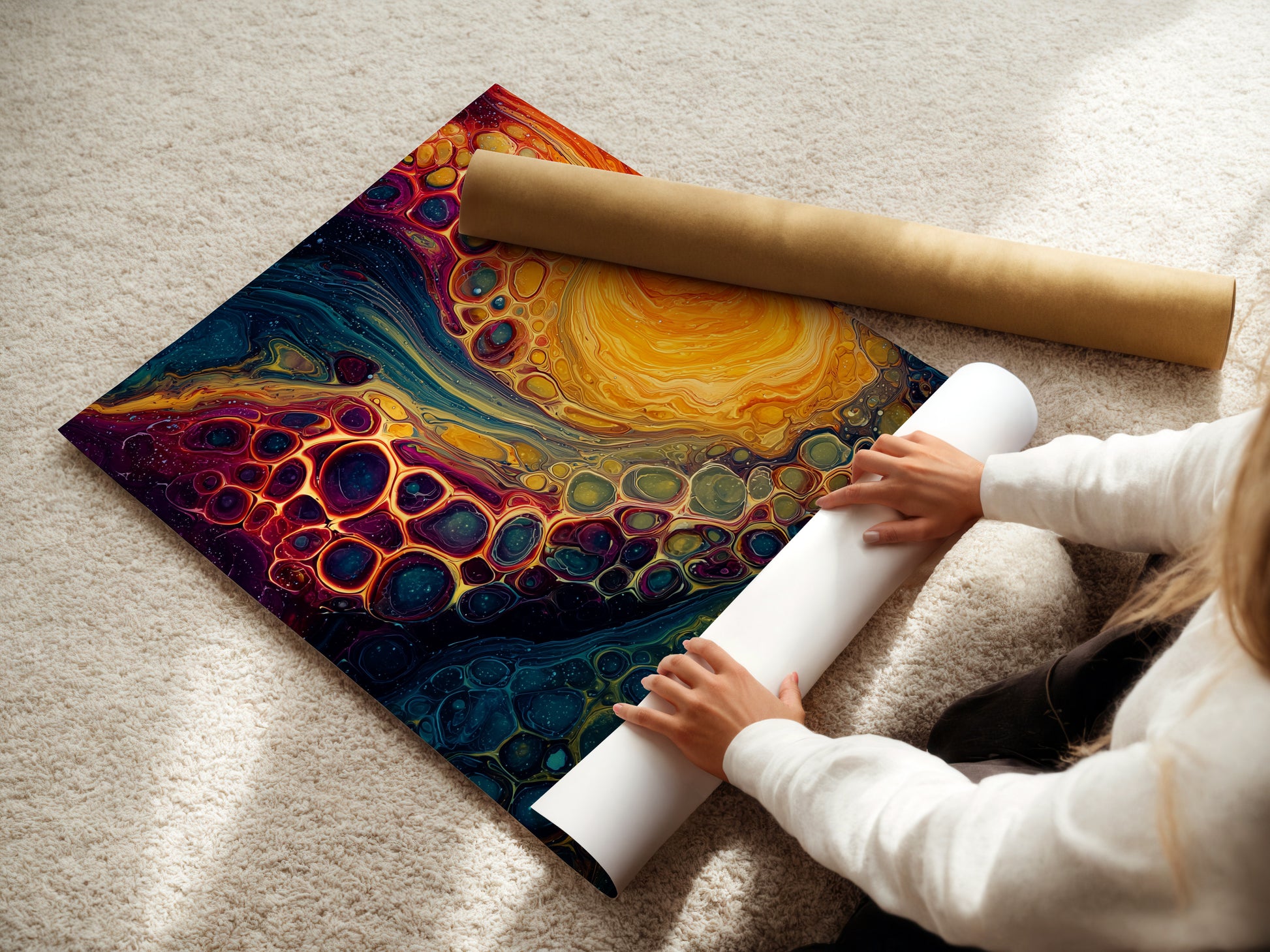 A woman carefully rolls a fine art poster paper. She is preparing the artwork for framing or display. The fine art paper ensures high-quality reproduction. This step preserves the artwork's integrity. The act of rolling protects the delicate surface of the paper. Professional handling ensures a flawless presentation.