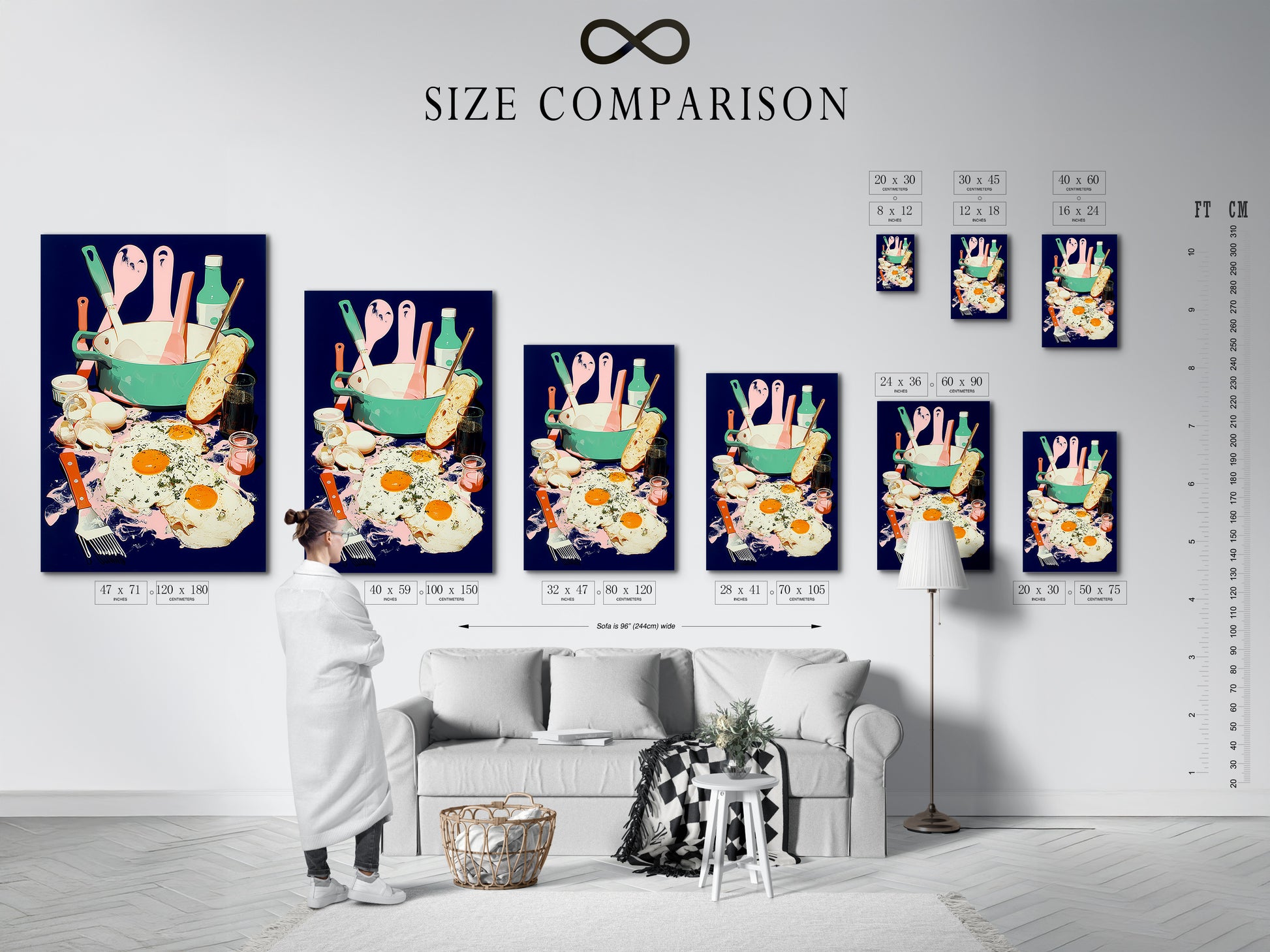 A size comparison chart in an interior setting shows Breakfast Still Life art. This kitchen art features eggs toast and utensils with pink and blue accents. See how this foodie print fits your space. Ideal for kitchen or cafe wall decor.