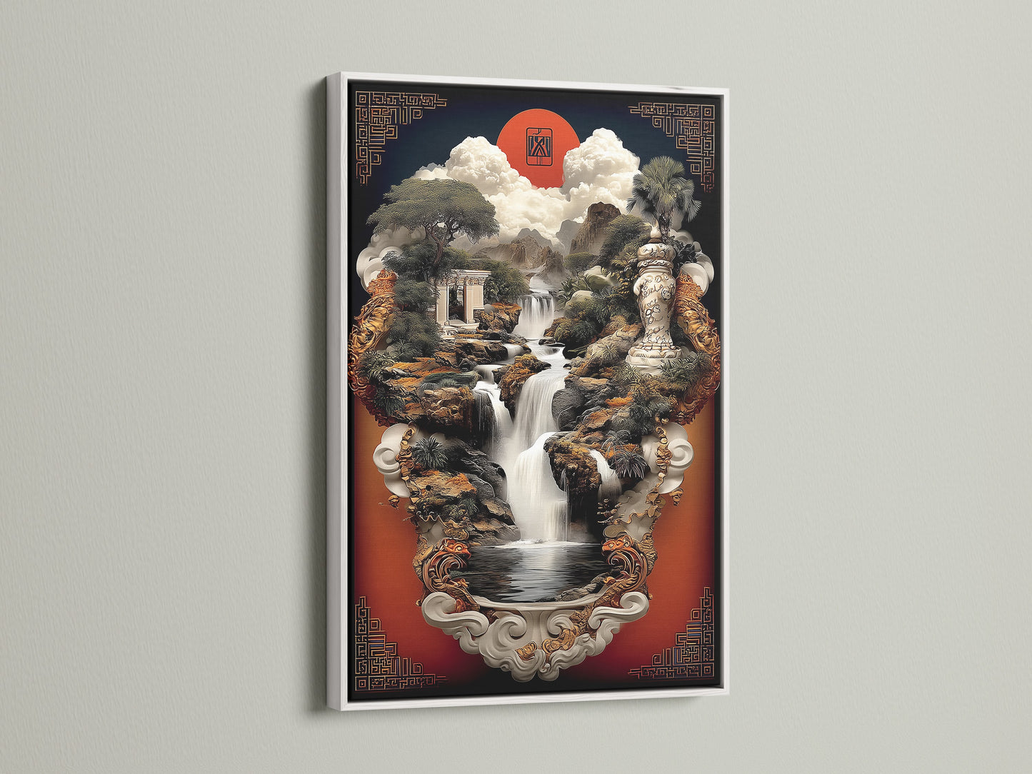 White frame with Asian Zen Garden Wall Art. The nature wall art brings a peaceful ambiance. See how this oriental print enhances meditation decor. Discover this serene and calming art today. Perfect for spiritual spaces.