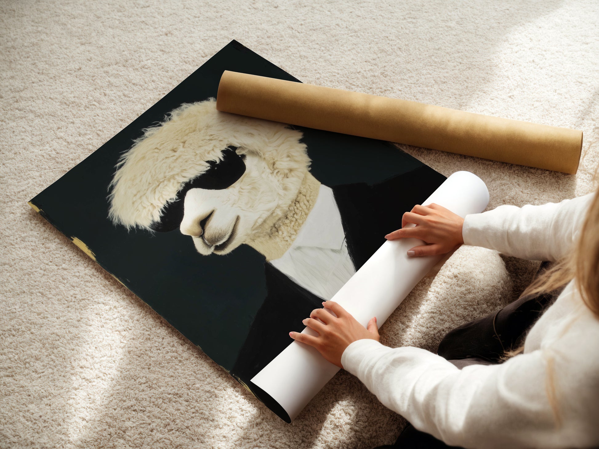 A woman carefully rolls a fine art poster paper. This highlights the quality and care in handling the Cool Llama Art Print. Fine art poster paper showcases the formal portrait art beautifully. Get your quirky animal art today.