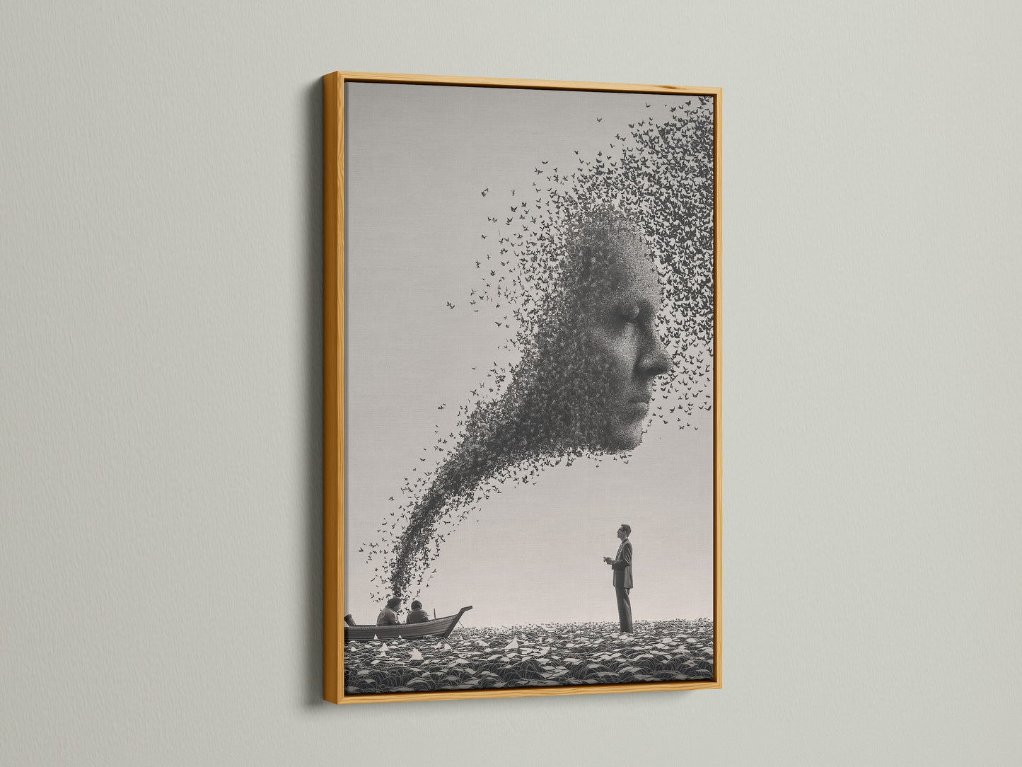Artwork with a gold frame on a white wall. The art features a man on a beach. A face made of birds is also featured. The gold frame adds a touch of luxury. It enhances the art's visual appeal. Ideal for adding a glamorous accent to your interior. Gold frames bring sophistication to your art.