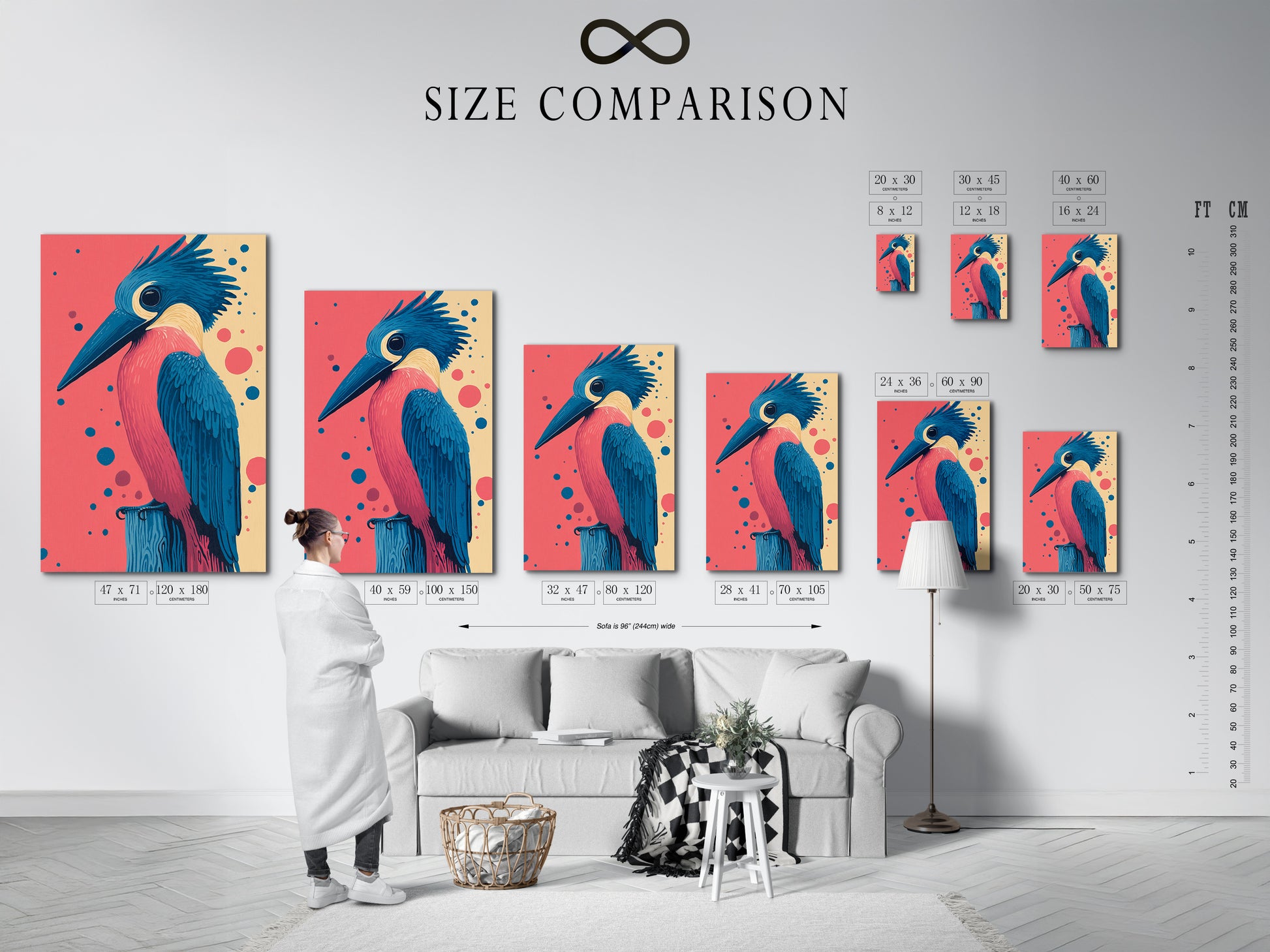 Size comparison chart displayed in an interior setting. See how our Kingfisher bird artwork fits in your space. Available in various sizes for stretched canvas prints fine art posters and floating frames. Find the perfect fit for your home.