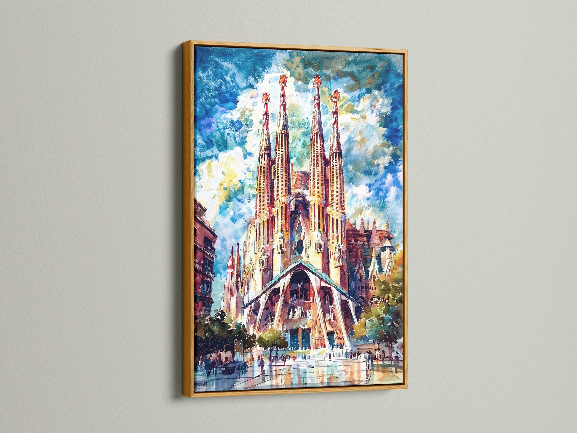Sagrada Familia artwork with a gold frame. This Barcelona wall art adds a touch of luxury. The gothic cathedral poster elevates any room. Perfect for living room or office art. Enhance your space with this architectural print.