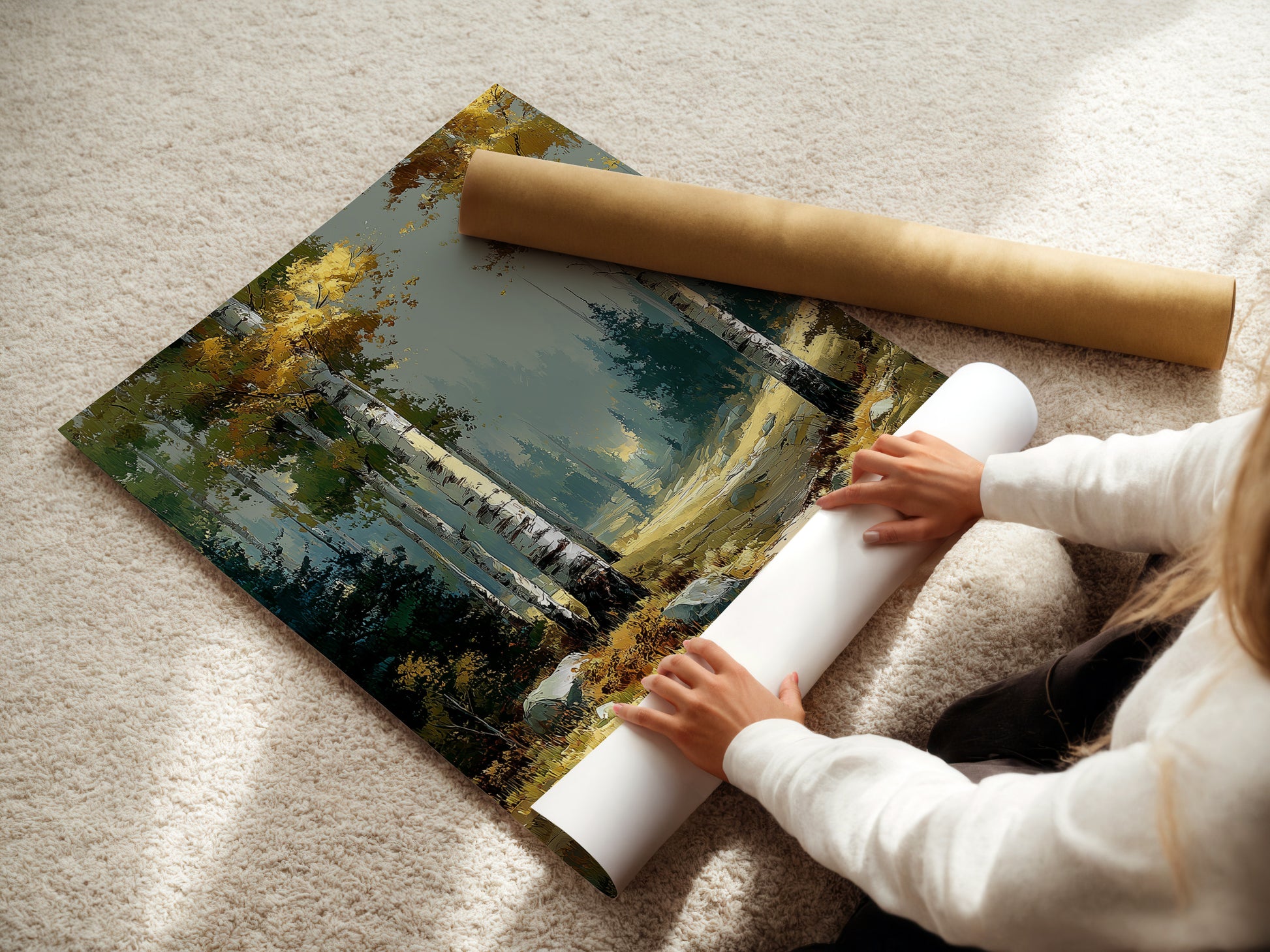 A woman is carefully rolling a fine art poster paper of Birch Forest. This autumn landscape is ready for framing. The nature trail print captures the serene beauty of a forest. It is perfect for creating custom wall art. Ideal for those who appreciate fine details.